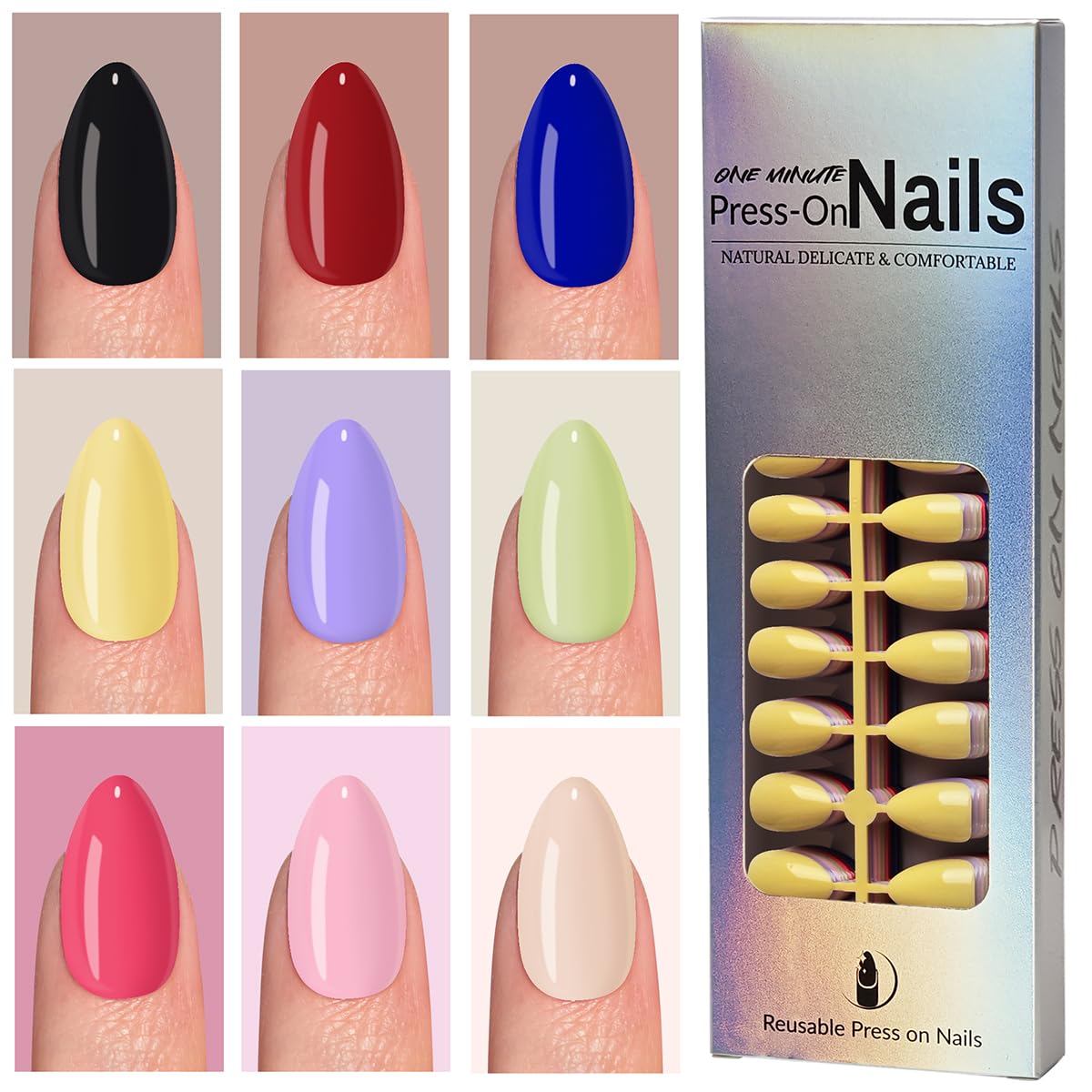 270Pcs Press on Nails Short Almond Fake Nails Solid Color False Nail Tips Full Cover Glossy Acrylic Nails Stick on Nail for Women Daily Wear Manicure Deco 15 Size - 9 Colors