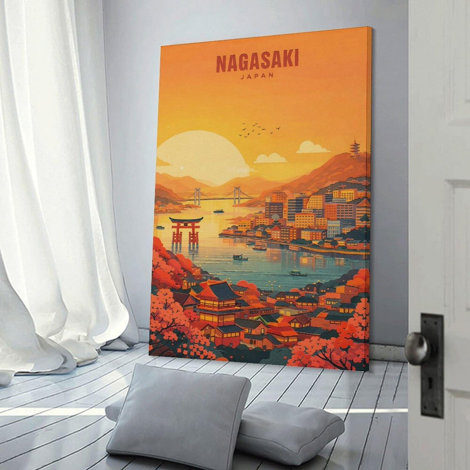 Junmoney Nagasaki Japan Cityscape at Sunset Canvas Wall Picture, 16x24inch(40x60cm), for Wall Displays, Bedrooms Or Room Updates, Wall Decor Suited to Curated Displays