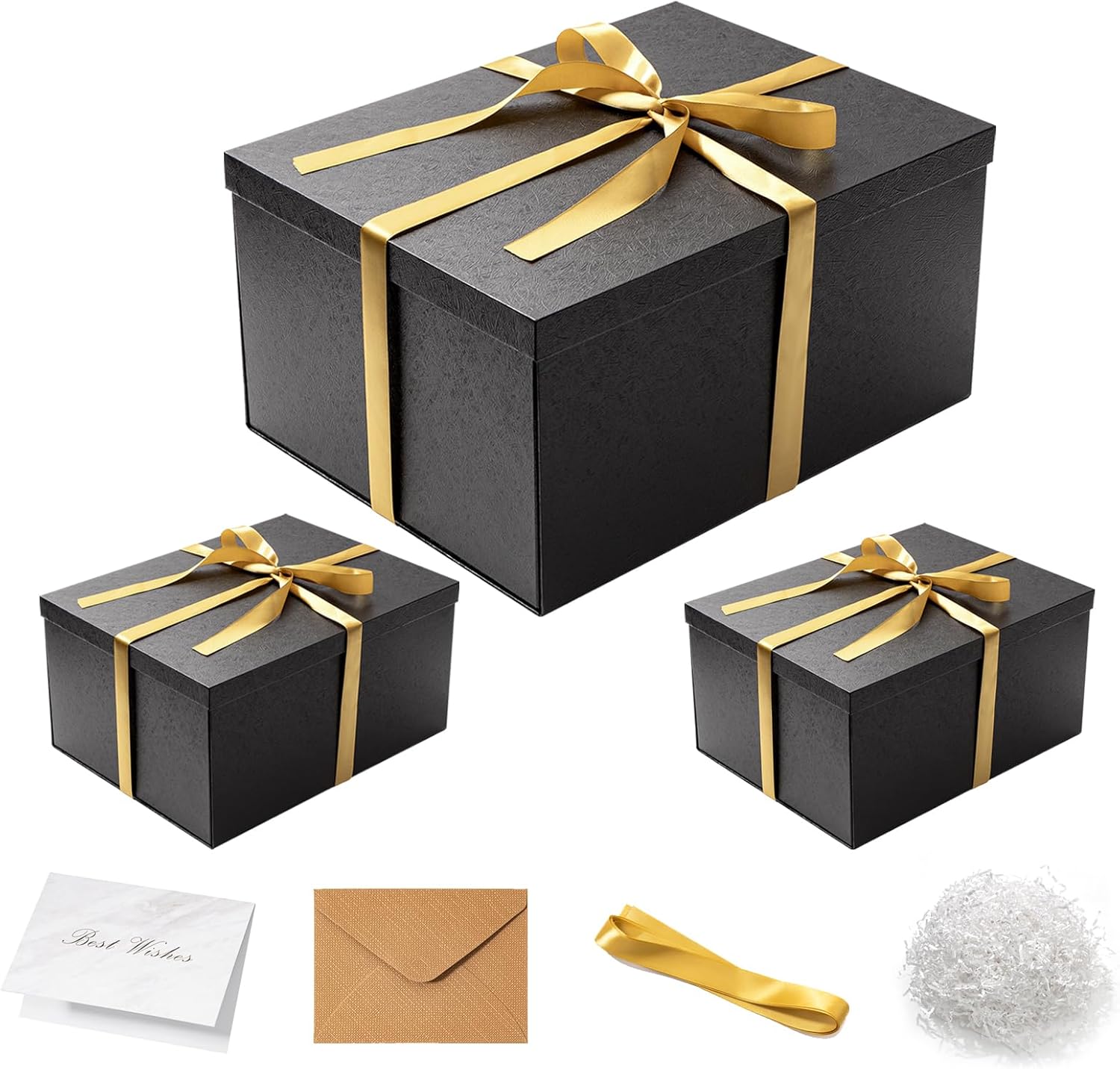Mefleet 3 Pack Large Gift Box with Lid for Presents 16x12x8 Inches Big Deep Black Gift Boxes for Christmas, Birthday, Valentine's Day,Mother's Day Presents - Contains Crinkle Paper,Ribbon and Card