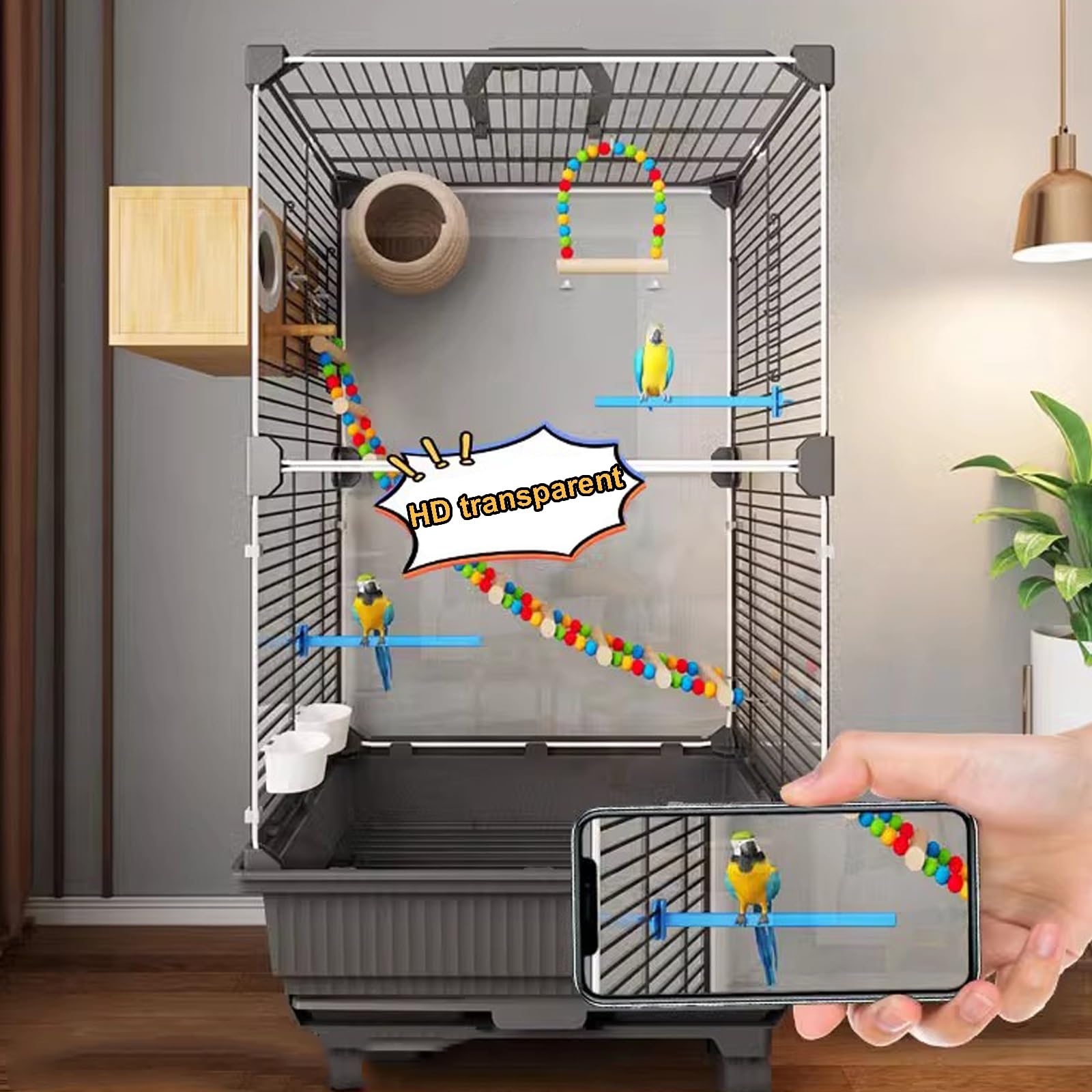 Metalowa klatka dla ptaków dla papug, torba podróżna z drążkiem stojącym, huśtawka, podajnik wody, łatwy do czyszczenia, kwadratowy design 61 cm