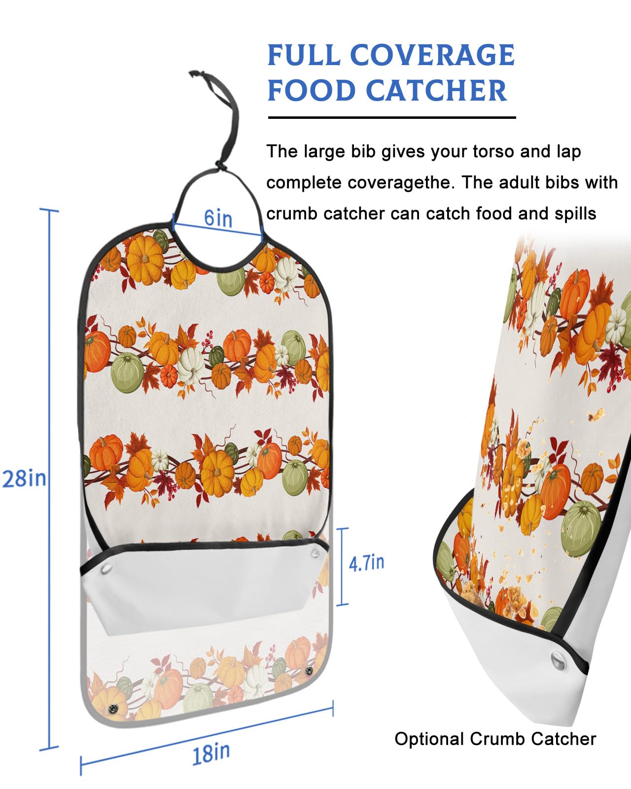 Thanksgiving Adult Bibs for Eating, Waterproof Bibs with Food Catcher & Adjustable Snap Closure, Orang Plaid Fallen Leaves Pumpkin Washable Clothing Protectors Adult Bibs for Elderly Women/Men
