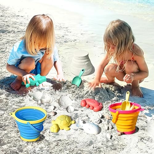 Miniatura 5 de Aclarastra Juguetes de arena plegables para niños  Juguetes de viaje para la playa con 2 cubos de playa plegables, bolsas de malla, moldes de arena,