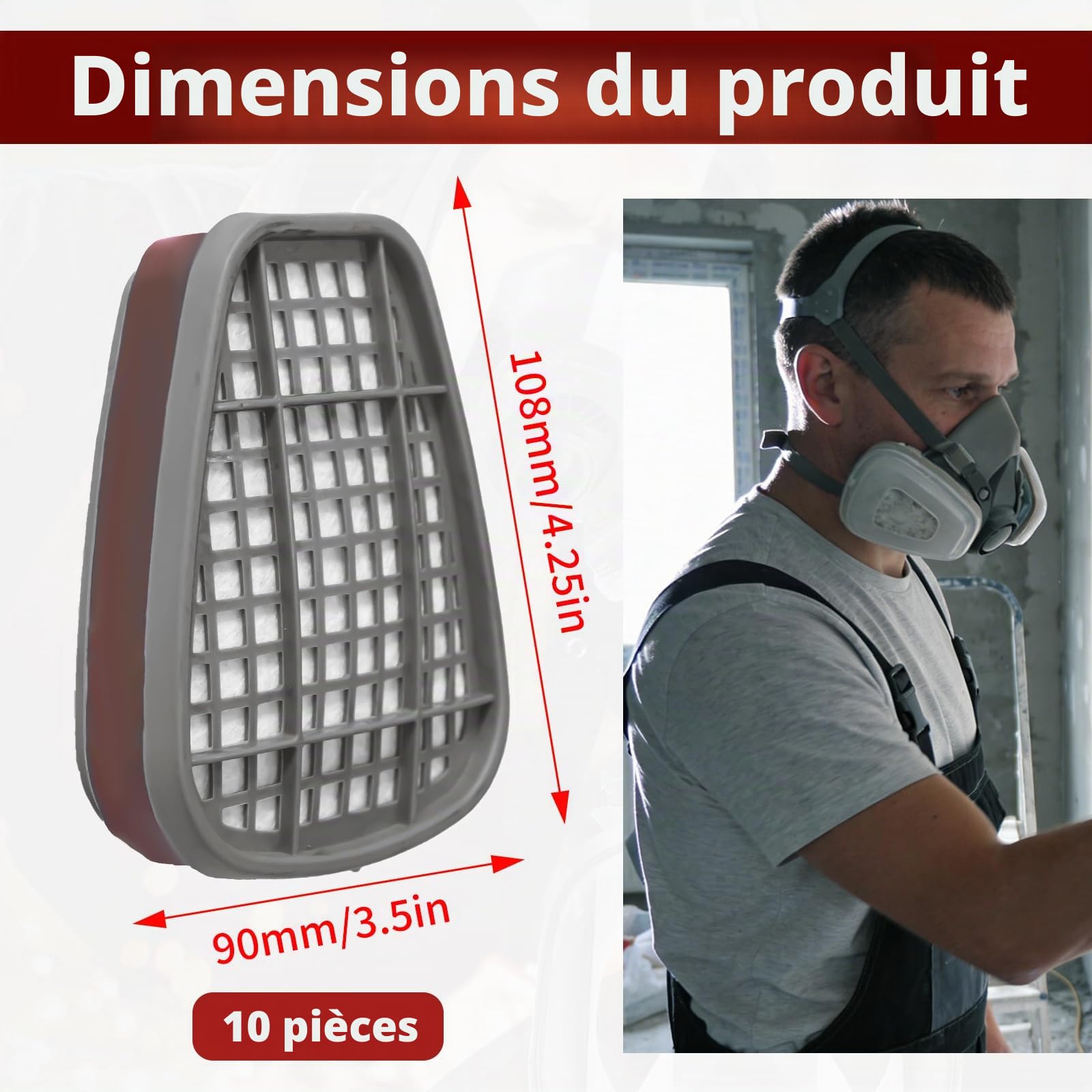 10 filtres pour masque a cartouche, 6001 pour masque de peinture, cartouches Organic Vapor, filtre chimique contre la poussière, les gaz, les vapeurs organiques, avec 6100/6200/7501/7502/6502/6800