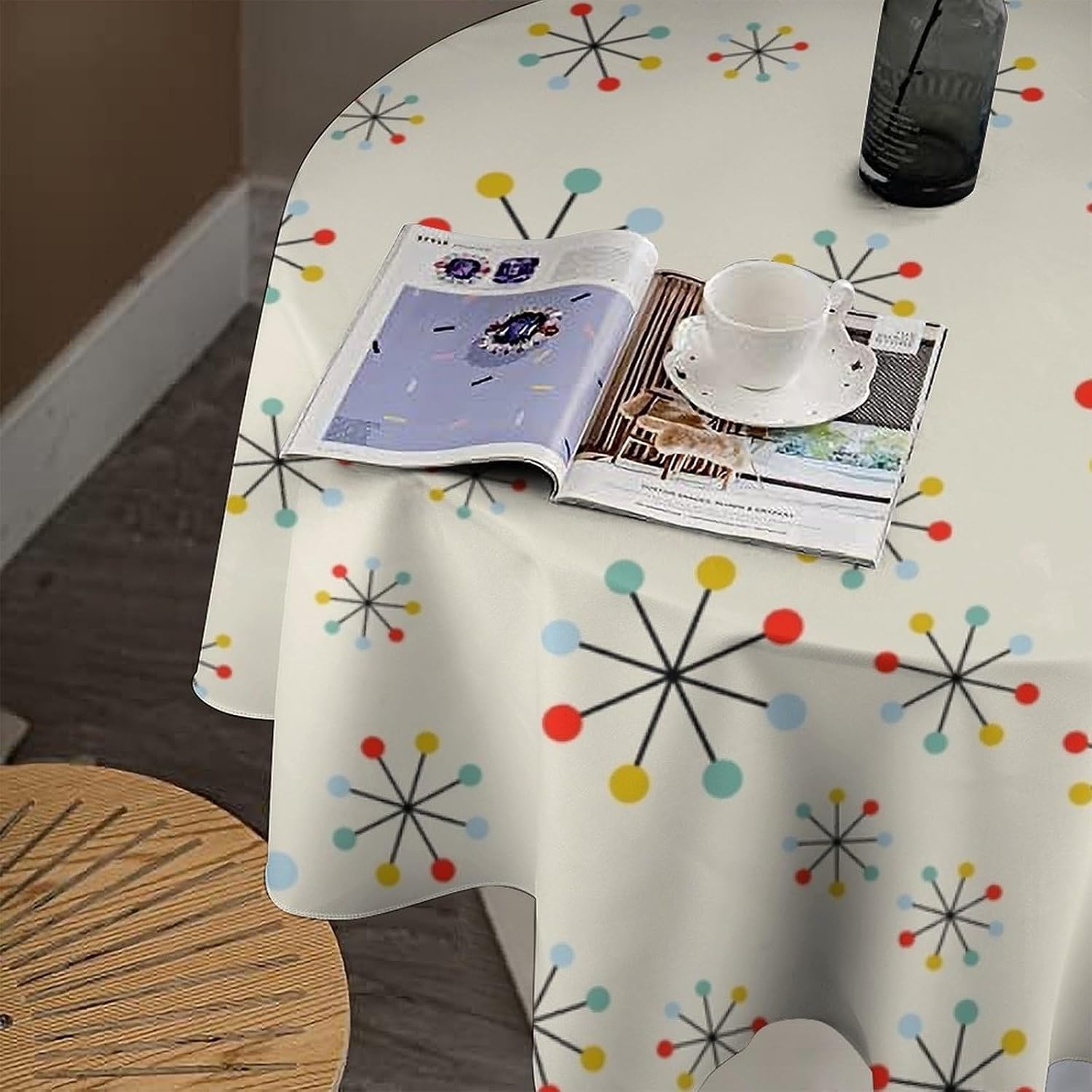 Mid Century Tablecloths Modern Star Retro Atomic Space Age Abstract Repeating Pattern Design Print Table Cover for Home Party Dining Room Kitchen Decor, 60x60in【Round】