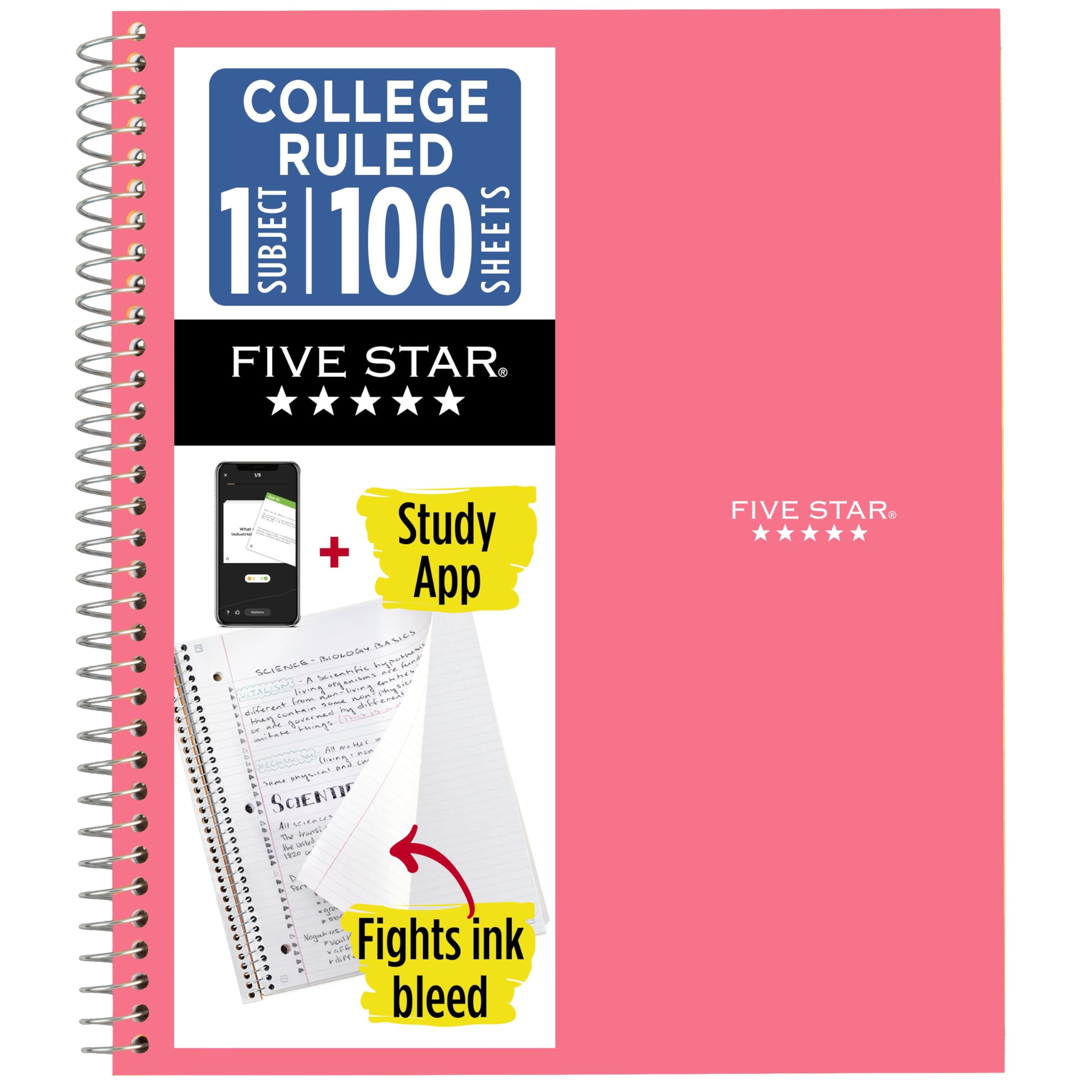 Five Star Spiral Notebook + Study App, 1 Subject, College Ruled Paper, 8-1/2" x 11", 100 Sheets, Fights Ink Bleed, Water Resistant Cover, Prom Pink (820002R)