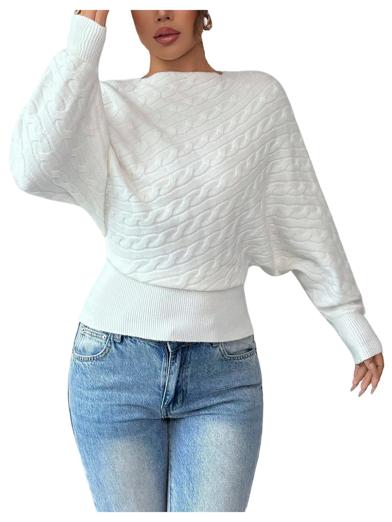 Milumia Womens Boat Neck Cable Knit Sweater Dolman Long Sleeve Cincehd Waist Dressy Tops