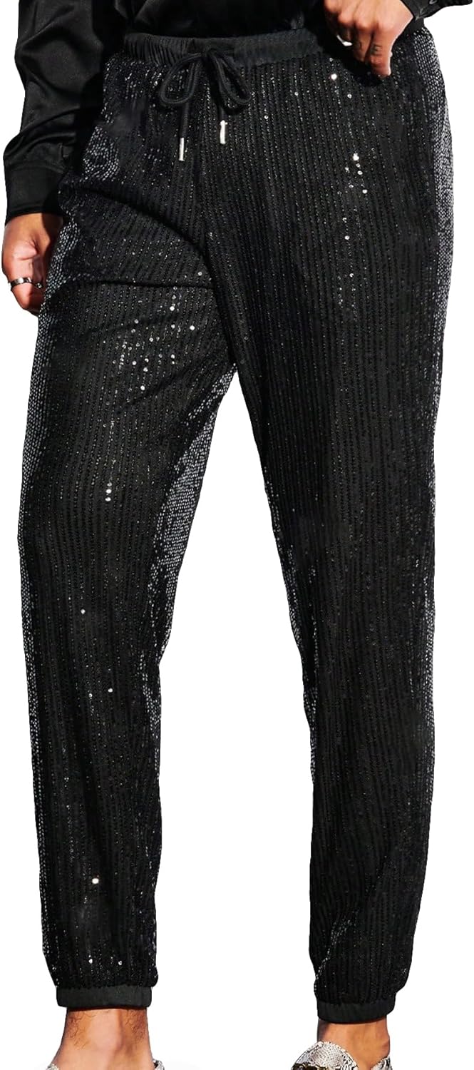 WDIRARA Men's Slant Pocket Contrast Sequin Drawstring Waist Long Solid Jogger Pants