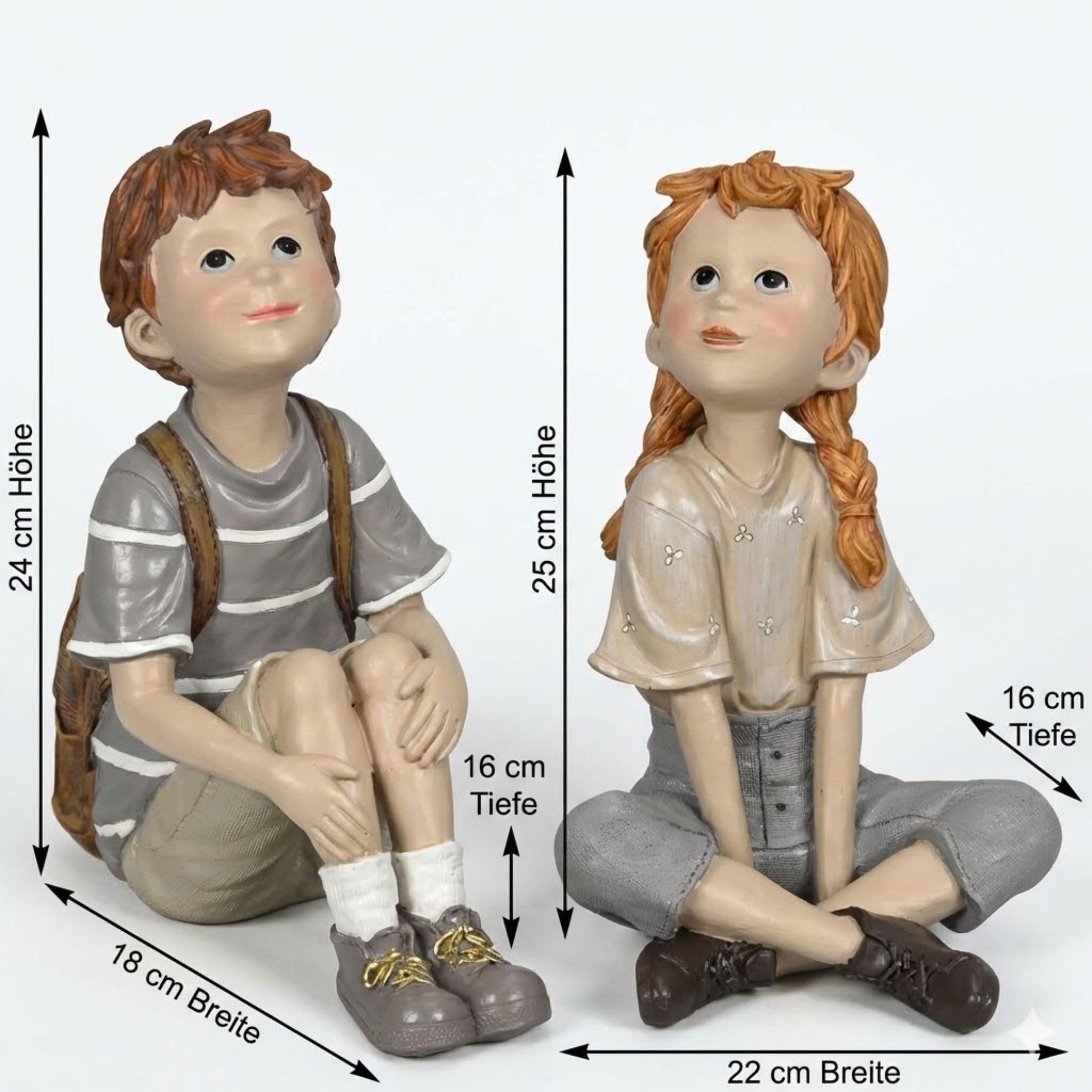 Storm's Gartenzaubereien 2er Set Dekofiguren Kinder sitzend Junge - Mädchen - Liebevolle Innendeko für Regal, Fensterbank - Vitrine - Nostalgische Geschwister Figuren aus Polyresin - Höhe bis 25cm