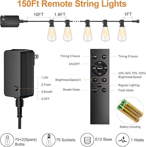 Miniatura 10 de Guirnalda de luces para exteriores de 50 pies con control remoto, decoración de patio de jardín con 2500 K blanco cálido, 25+1 bombillas LED Edison