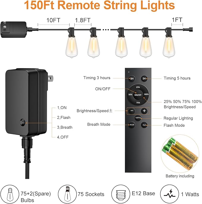 Luz de cuerda exterior 150 pies con control remoto LED cálido 2500K LaPitio miniatura 6
