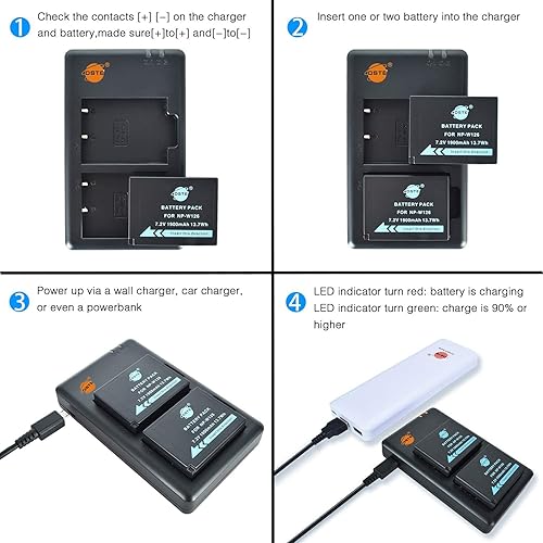 Miniatura 6 de DSTE Batería NP-W126, NP-W126S (paquete de 2) con cargador dual USB para Fuji X-T100, X-T200, X100F, X100V, X-S10, X-A5, X-A10, X-E4, X-Pro2,