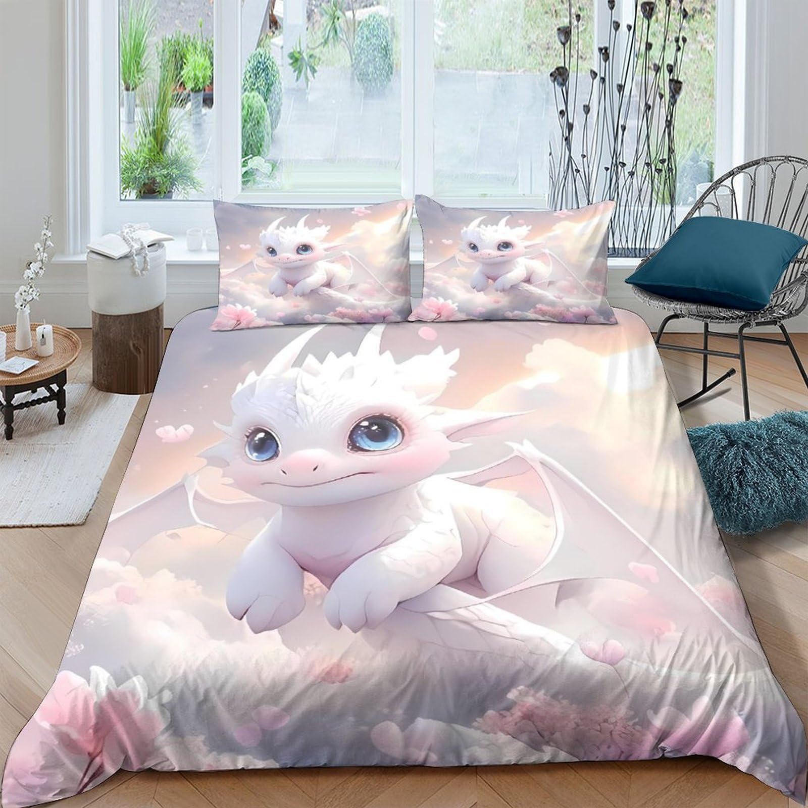 GPLZQXKJNH 3D Printed White Dragon Duvet Cover Microfiber Soft Fantasy Cute Dragon Bedding Set with 2 Pillowcases for Bedroom Decor Single（135x200cm）