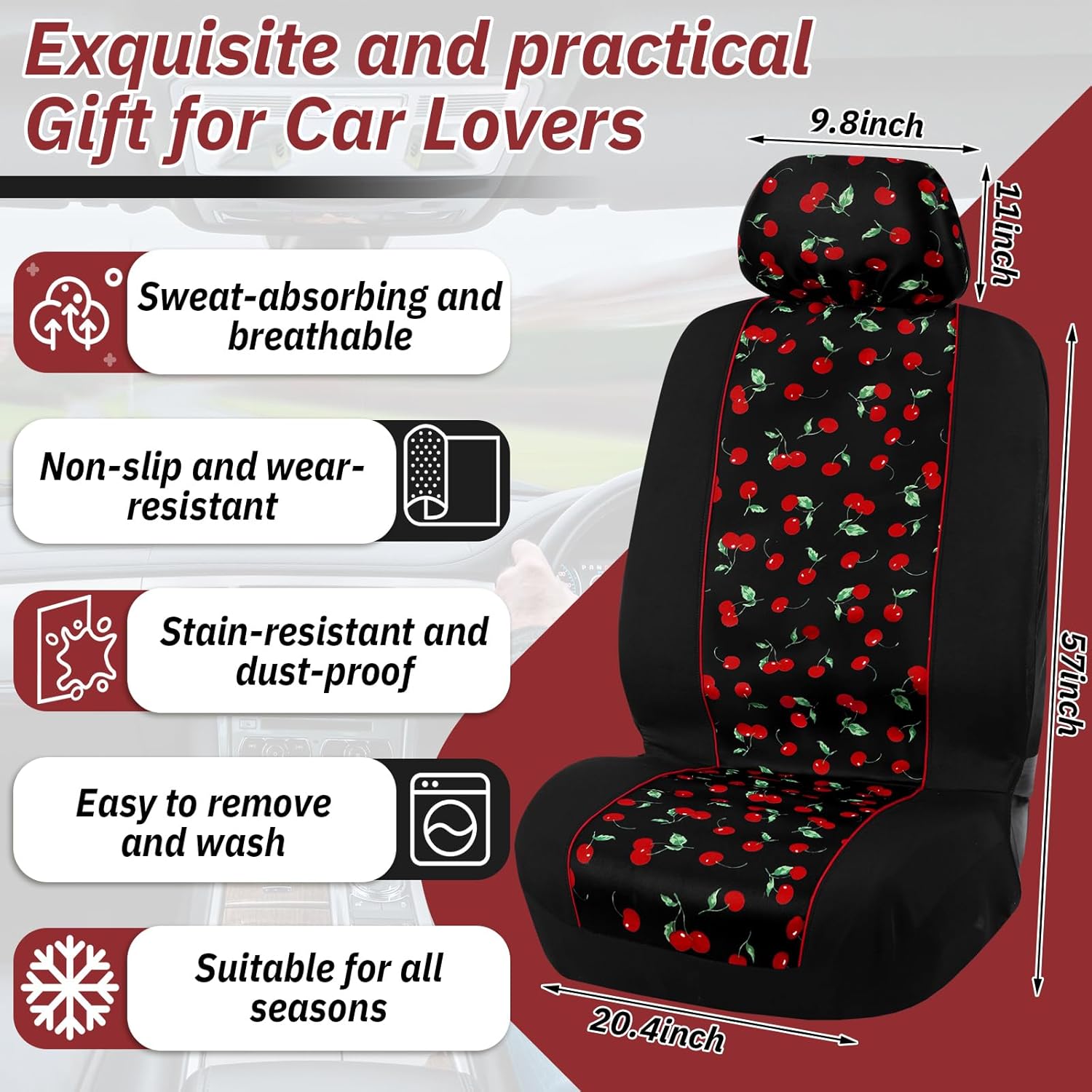 Tallew 2 Sets of Red Cherry Car Seat Covers for Front Seats with Matching Headrest Covers Absorbent Car Cup Coasters with Finger Notch Fits for Most Cars, Van, Trucks, SUV
