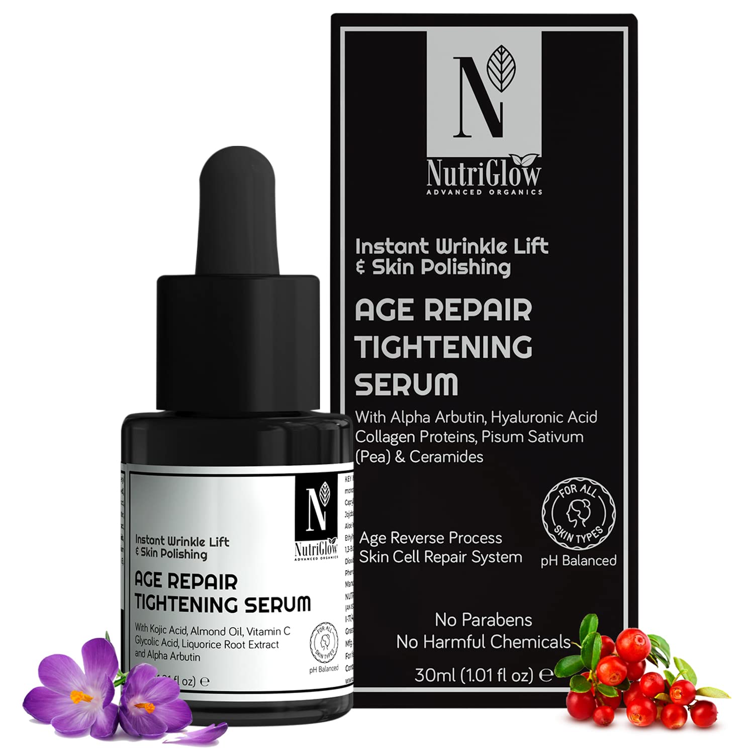 Nutriglow Advanced Organics Age Repair Tightening Serum for Wrinkle reduction with Hyaluronic Acid - For Men and Women, 30ml