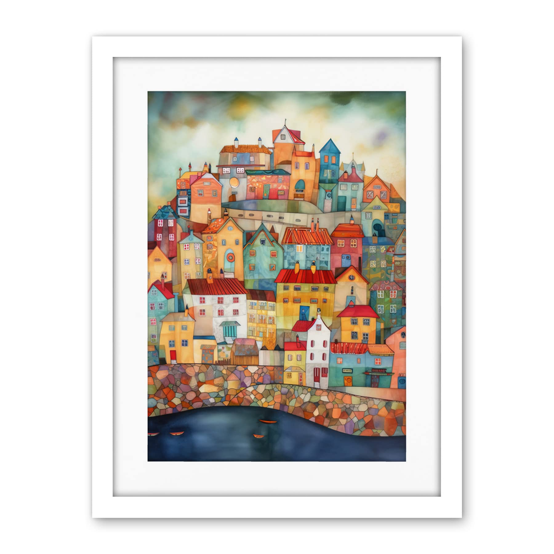 Artery8 Home By The Sea Folk Art Artwork Framed Wall Art Print 18X24 Inch