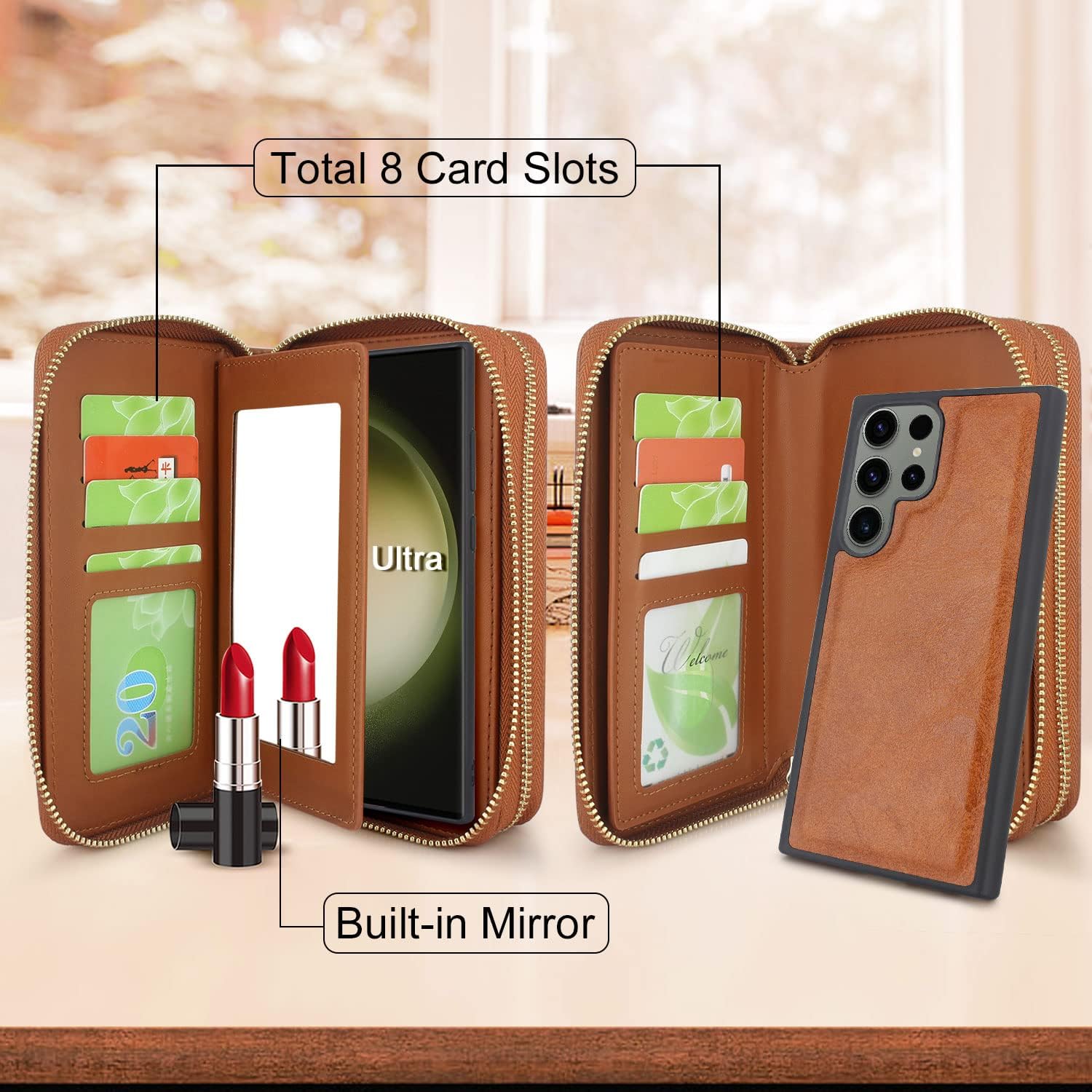 Harryshell Compatible with Samsung Galaxy S23 Ultra 5G (2023) Case Wallet Multi Zipper Detachable Magnetic Cover Purse Bag with Card Slots Holder Mirror Crossbody Wrist Strap (Light Brown)