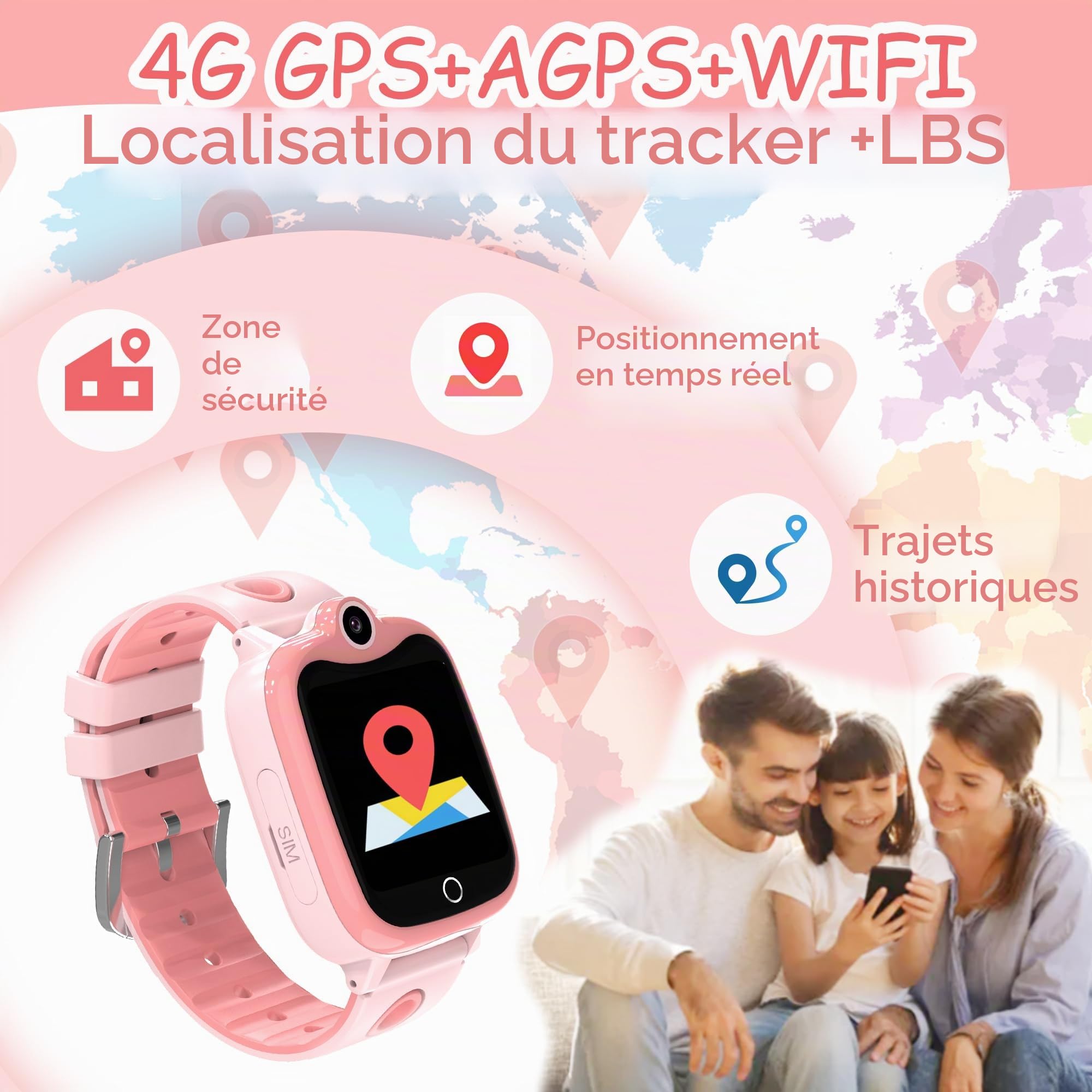 4G Montre Connectée Enfant, Montre GPS Enfant Filles Garçons avec Téléphone, SOS, WiFi, Appels/Vidéo/Chat Vocal, IP68 Jeux Réveil, Mode École,Montre Intelligente Enfants Cadeau (Rose)