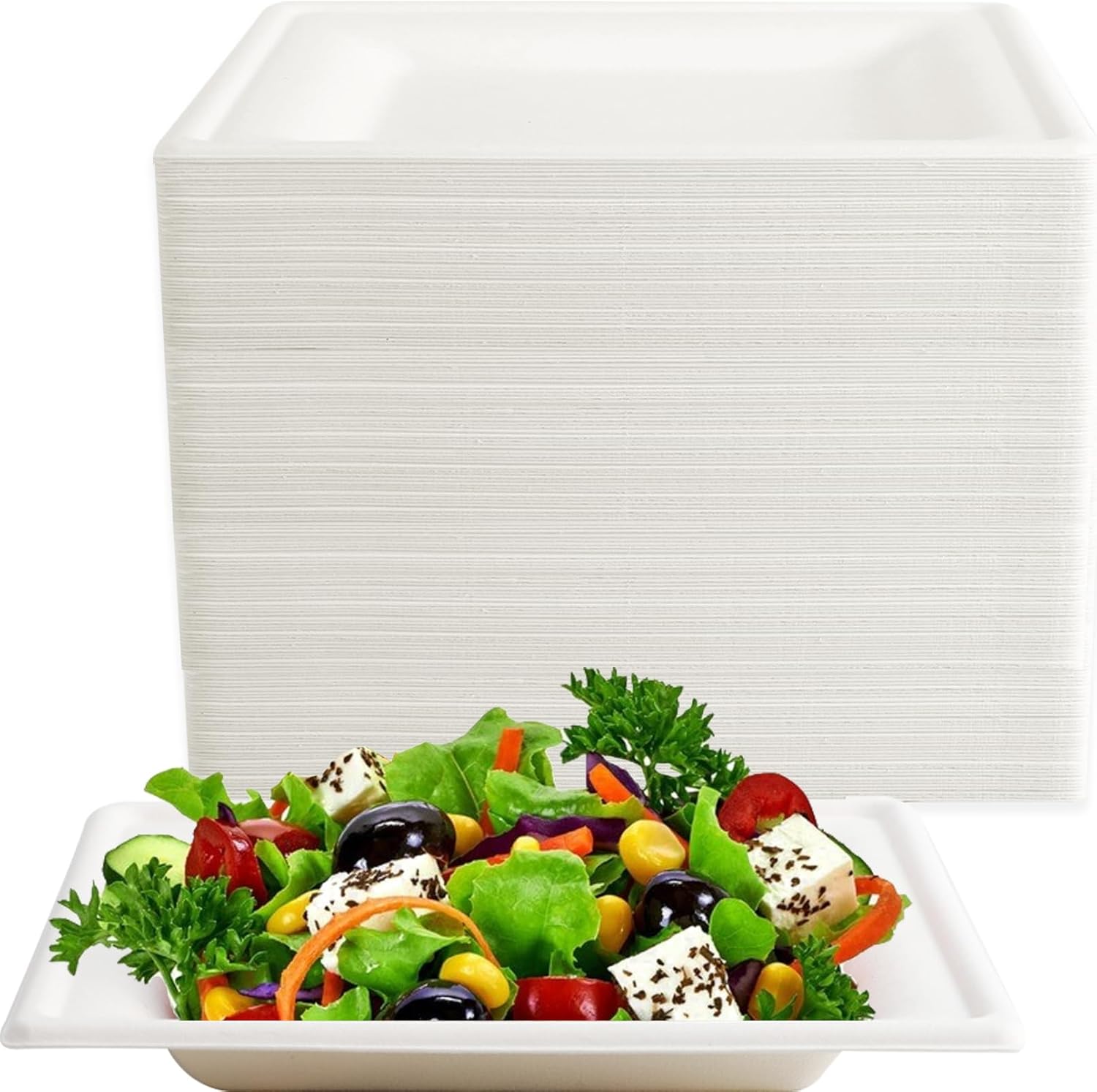 150 Pack Square Paper Plates, 8 Inch Compostable Disposable Plates, Sugarcane Bagasse Plate, Heavy Duty White Plate for Party Dinner and Daily Meals, 8 Inch