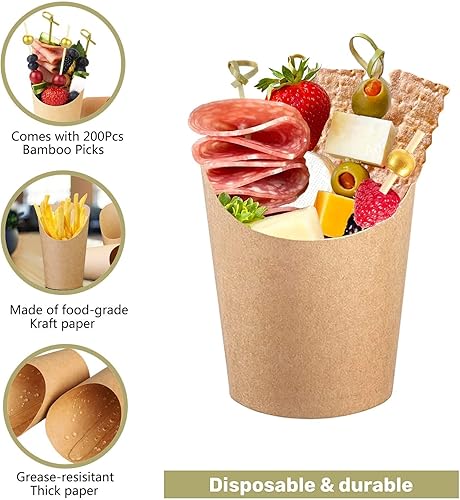 Miniatura 3 de Juego de tazas de charcutería Kraft con juego de palillos de bambú para cóctel, 200 selecciones + 50 tazas de 14 onzas, tazas desechables de papas