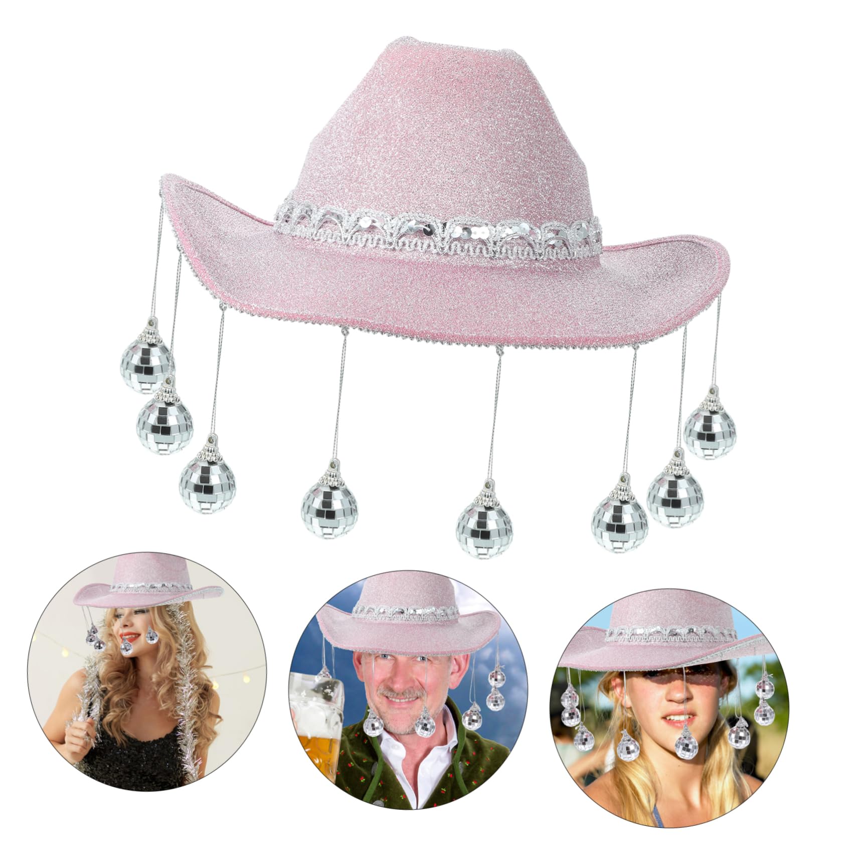 Alipis Spiegelkugel Cowgirl Hut Curved Western Hat mit Glänzender Disco Fringe für Festival Karneval Cosplay Party und Bühnenauftritt Damen Kopfbedeckung