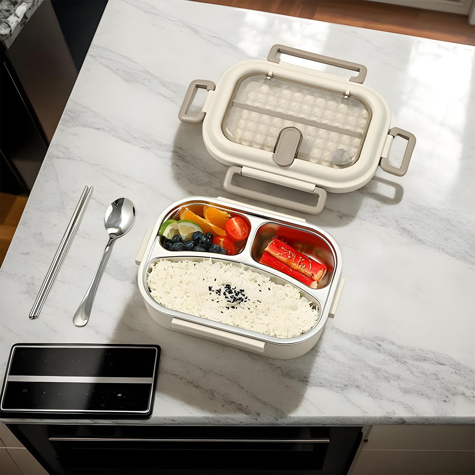 Contenitori Termici Per Pranzo | Contenitore per Alimenti Caldi | Ciotola Termica Antiodore Antigoccia Adatta Microonde In Acciaio Inox Divisoria Con Cucchiaio E Bacchette Per Spiaggia Escursionismo O