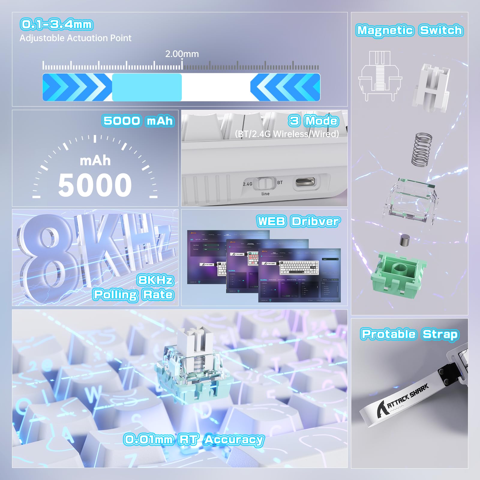 MAMBASNAKE × Attack Shark Clavier et Souris sans Fil à commutateurs magnétiques, Clavier à déclenchement Rapide 8 khz, Souris Gaming trimode 59g pour pc/Mac(Blanc)