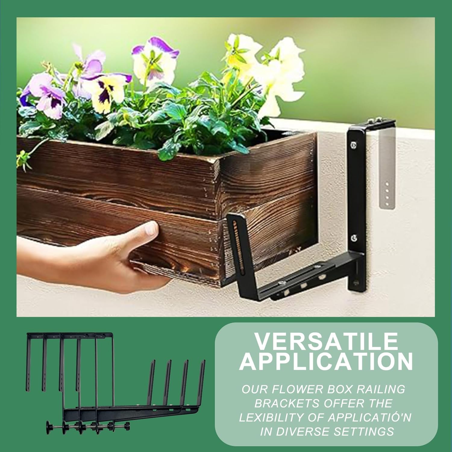Planter Box Brackets, Planter Hooks for Deck Railing,Heavy Duty Iron Flower Box Brackets for Railings,with Enhanced Bottom Support - Perfect for Deck Railing (No Nails Adjustable Hanging, 4)