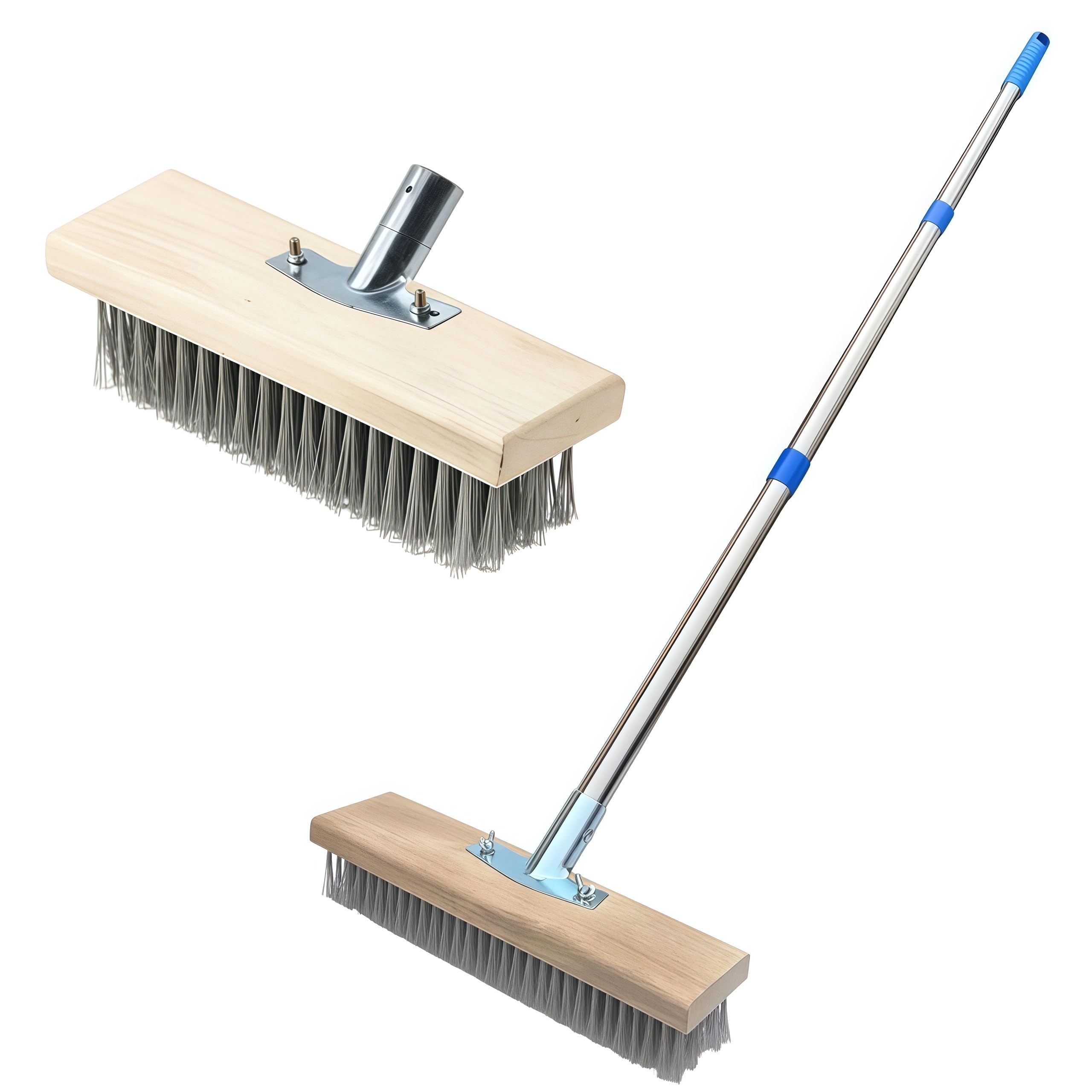 Meetoz Blue Stainless Steel Wire Broom,58Inch Stiff Metal Bristle Floor Scrubber,With 3 Detachable Pole Stiff Metal Brush,For Removing Weed Moss Algae, Outdoor Floor Scrub Brush Patio, Deck, Garden
