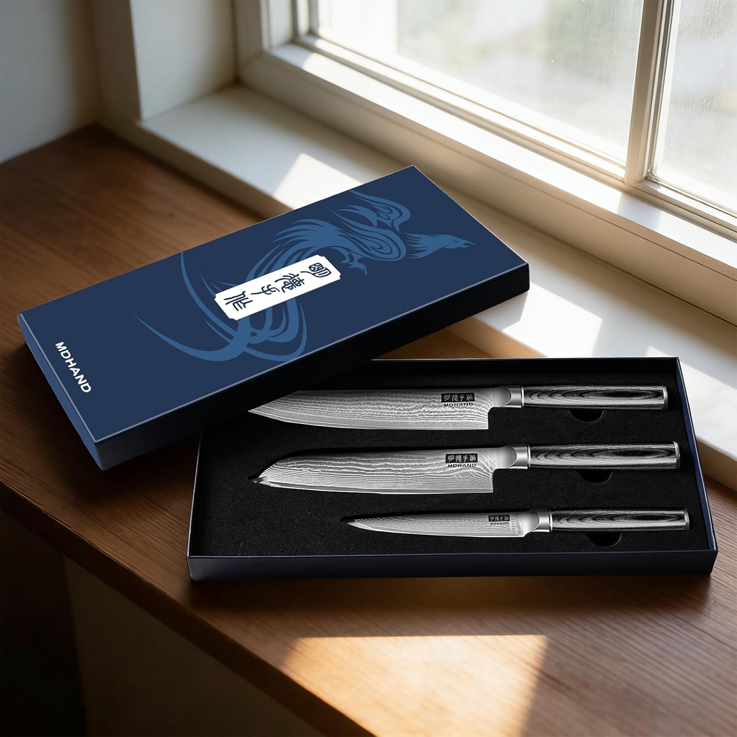 MDHAND Damascus Kitchen Knife Set, 3PCS Ultra Sharp 10Cr15CoMoV Super Steel Japanese Knife, Professional Chef Knife Set with Black Pakkawood Handle, Including Chef, Santoku & Paring Knife, Elegant Box - Image 9