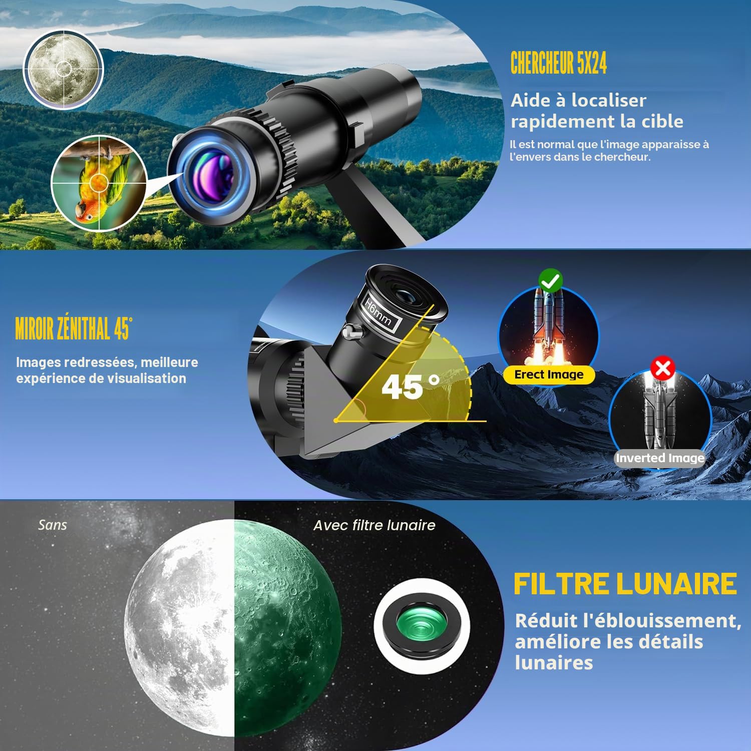 Télescope Astronomique Adulte Enfant, 500/70mm, 200x Lunette Astronomique Réfracteur avec Adaptateur de Téléphone Trépied et Filtre Lune et Chercheur pour Débutants Enfants et Amateurs pour Observer