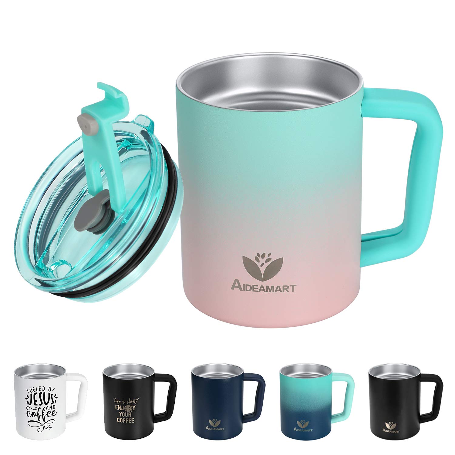 AIDEAMART Stainless Steel Insulated Coffee Mug with Handle and Lid-Patent Silicone Cover and Spillproof Flip Top Lid-14 oz Double Wall Vacuum Travel Tumbler Cup Hot Cold Drinking for Women(Green-Pink)