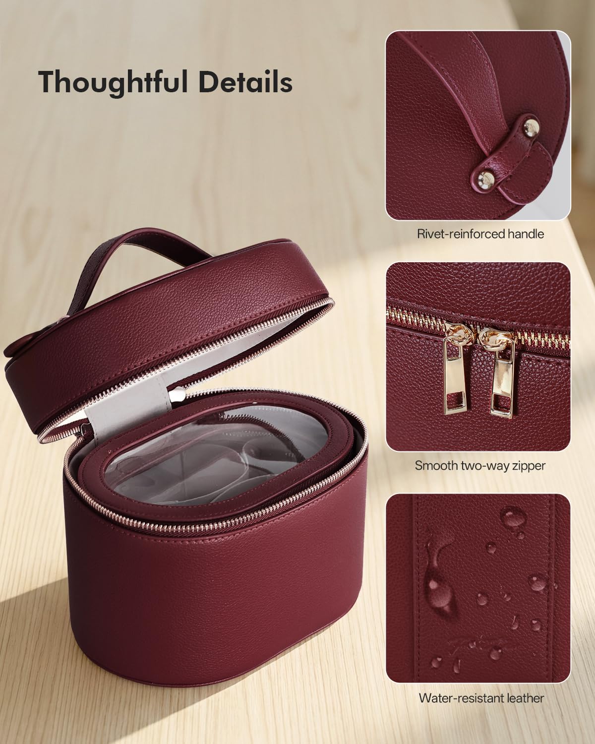 Prite 2 Stück Kosmetiktasche Damen Reise Kosmetikkoffer Hartschale, Rot | Schminktasche,Make Up Tasche,Kulturtasche,Abnehmbare Fächer,Durchsichtige Kleine Beutel,Veganer Leder,Geschenkbox Inklusive
