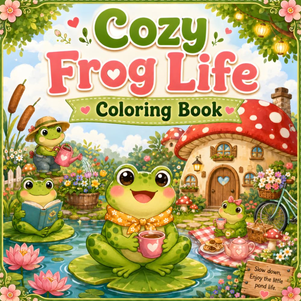 Cozy Frog Life Coloring Book: A Bold and Easy Cute Frog Coloring Book with Cozy Cottagecore Scenes for Kids and Adults