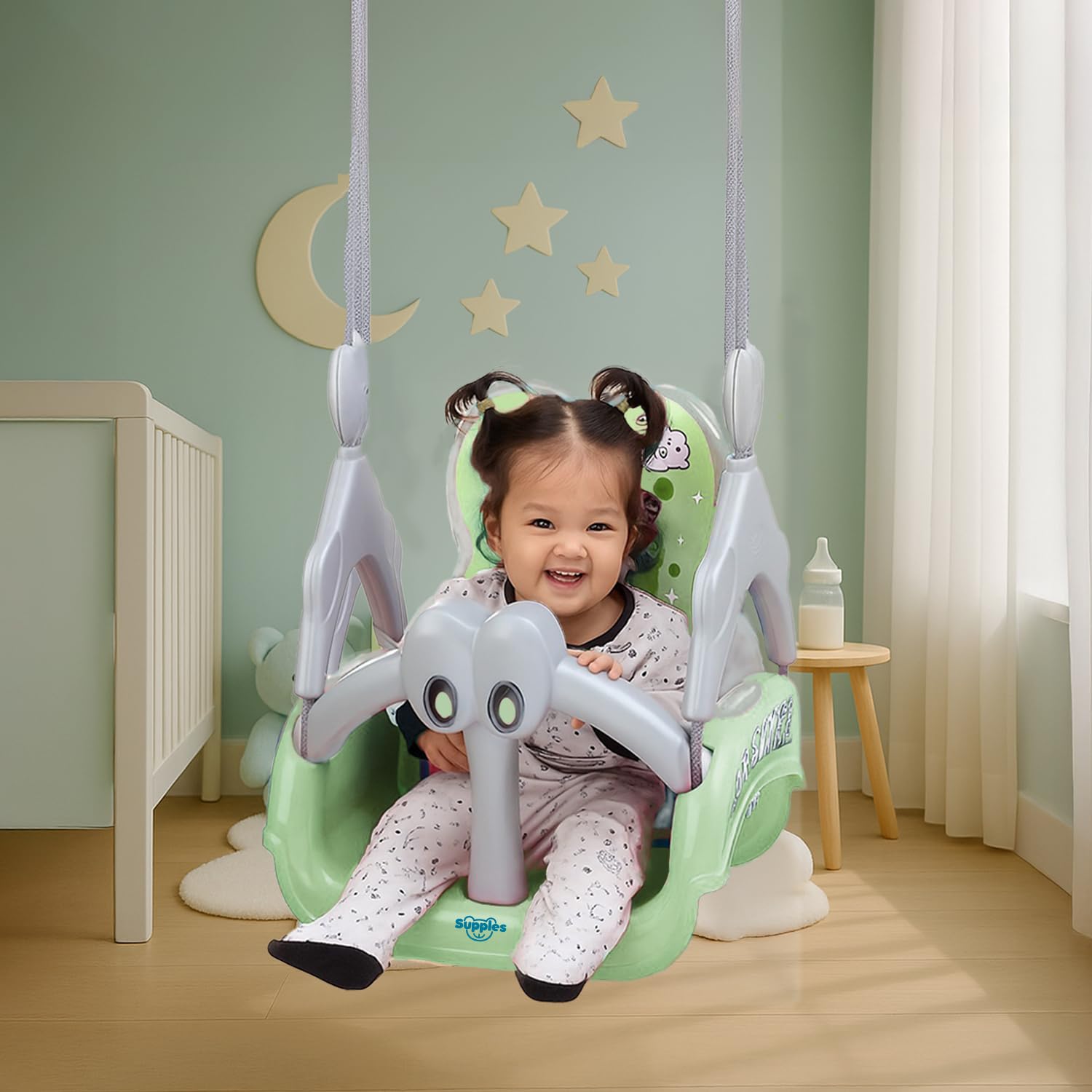 Amazon Brand - Supples Baby Swing for Kids | Non-Toxic Plastic | Indoor & Outdoor Use | Adjustable Design with Safety Belt | Age 6 Months to 4 Years | Green & Grey-image-34
