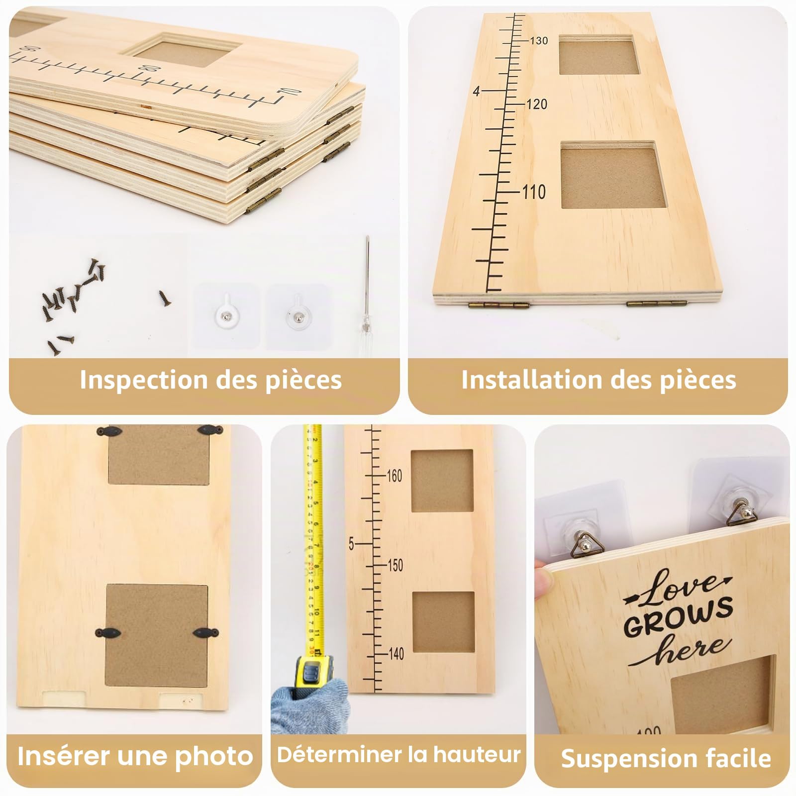 Bois Massif, Toise pour Chambre d'enfant Personnalisée, 70-190 cm - Toise Enfant Bois, Hauteur Mesure pour Enfants en Bois avec Cadre Photo, Cadeau Personnalisé pour Enfants et Bébés