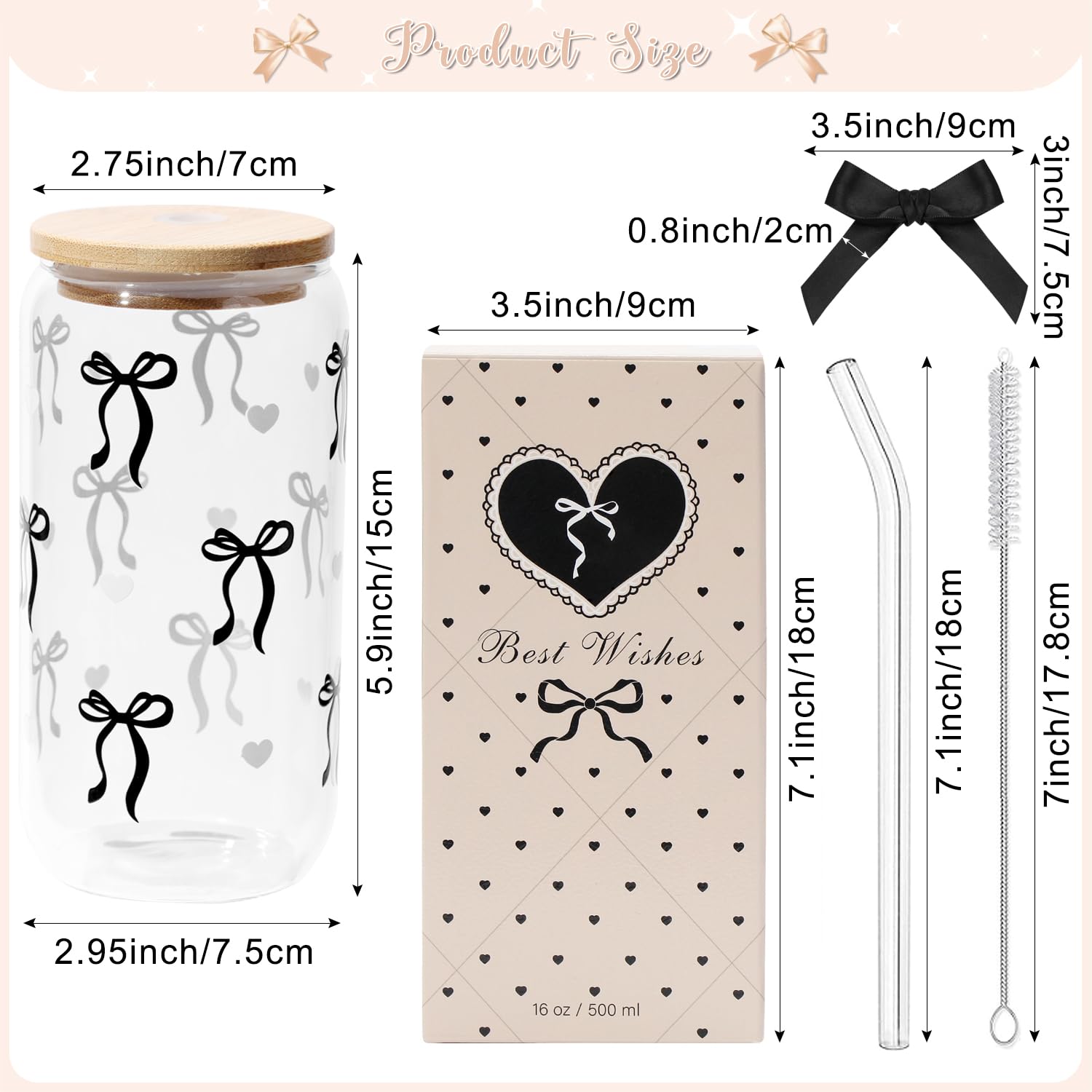 LANGASQUE Coquette Bow Aesthetic Cup With Gift Box 16oz Glass Cup with Lids Straws and Black Bow Iced Coffee Smoothie Cute Tumbler with Cleaning Brush for Girls Bestfriend Sister Girlfriend: Black