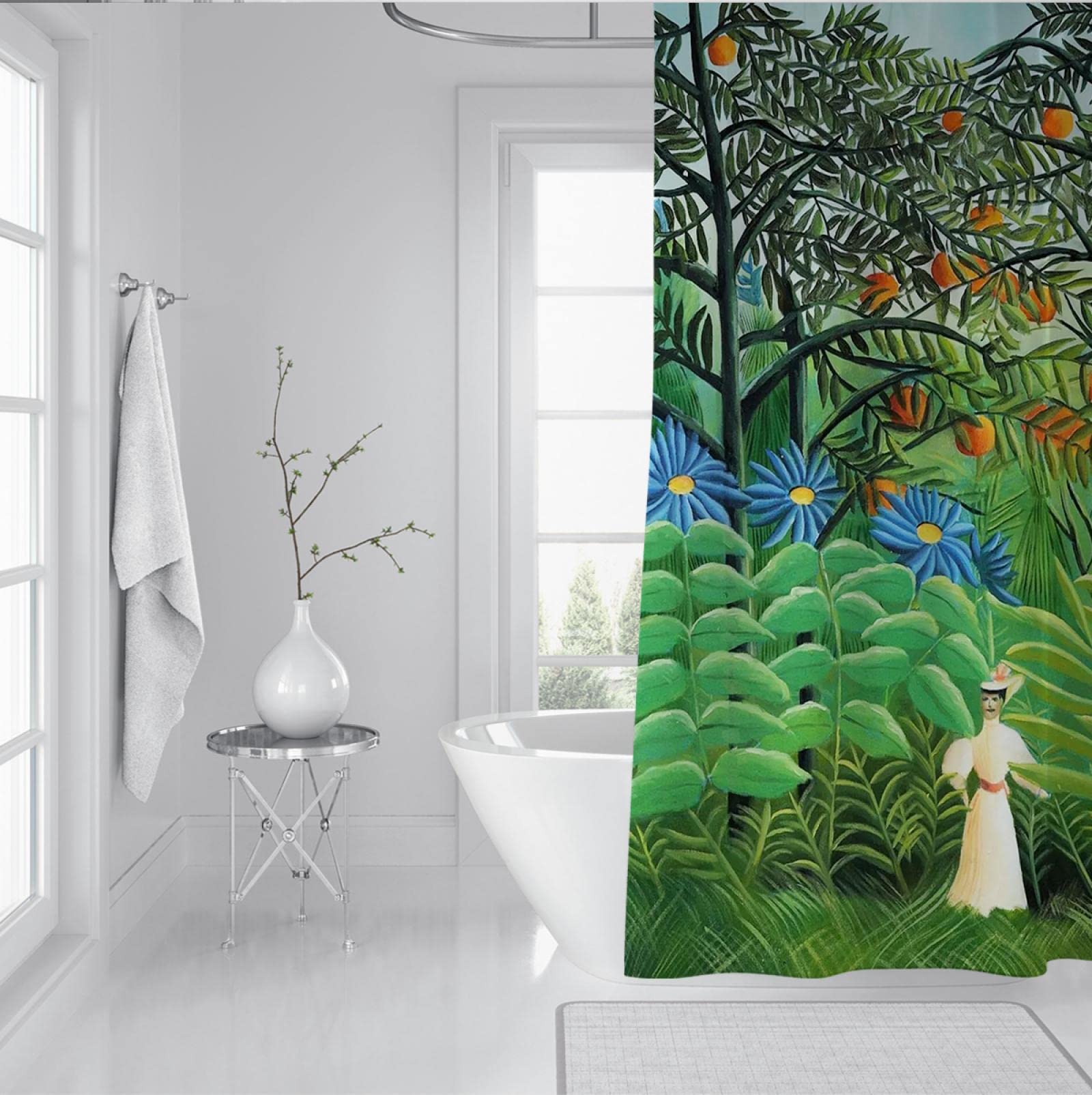 Zielona roślina zasłona prysznicowa Henri Rousseau drzewo owocowe kwiaty liście fantazyjne zasłony łazienkowe trwała zasłona prysznicowa zestaw 200 x 240 cm
