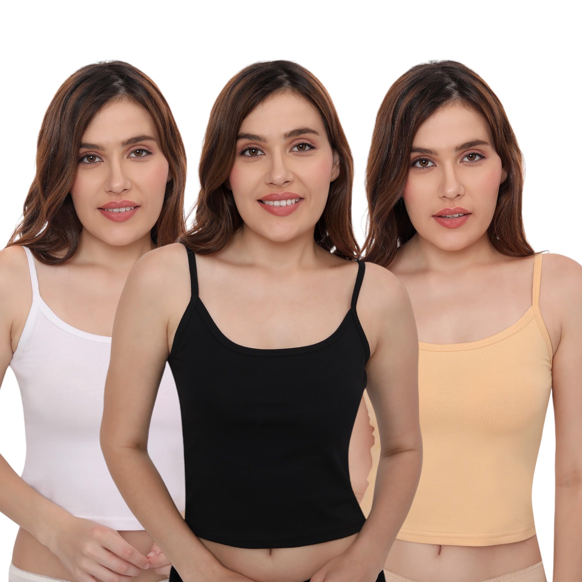 Women Non Padded Cotton Short Slip Camisole, Black/White/Beige (Pack of 3) Size XS to L-image-32