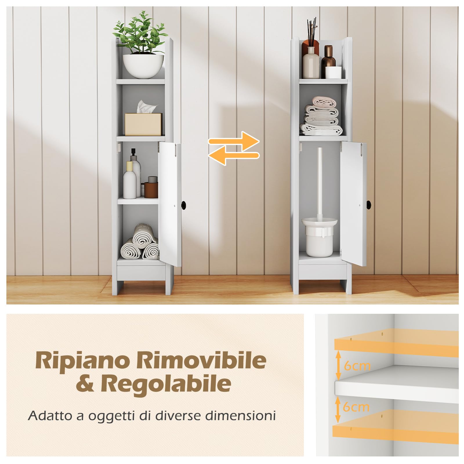 RELAX4LIFE Mobile da Bagno Stretto, Armadietto da Terra con Ripiani Regolabili e Scomparti Aperti, Porta Carta Igienica, Organizzatore Portaoggetti per Piccoli Spazi (Bianco)