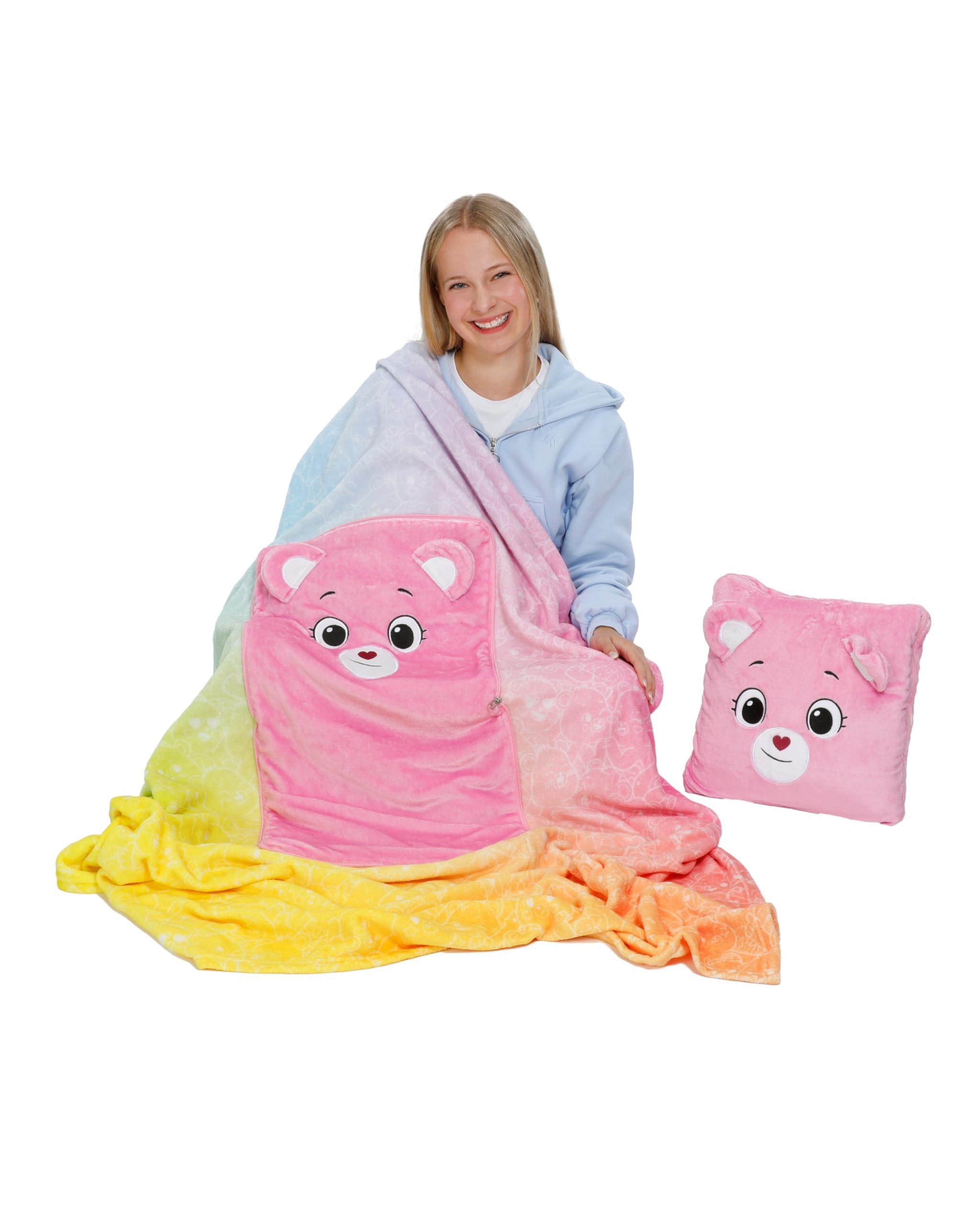NICI Kuscheldecke & Kuschelkissen 2in1 Glücksbärchis Hurrabärchi 165x140cm pink Coral-Fleece Reisekissen