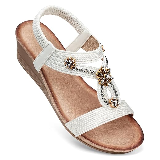 SHIBEVER Womens Wedge Sandals Flower Low Heel Dressy Sandals Elastic Ankle Strap Rhinestone Summer Comfortable Shoe