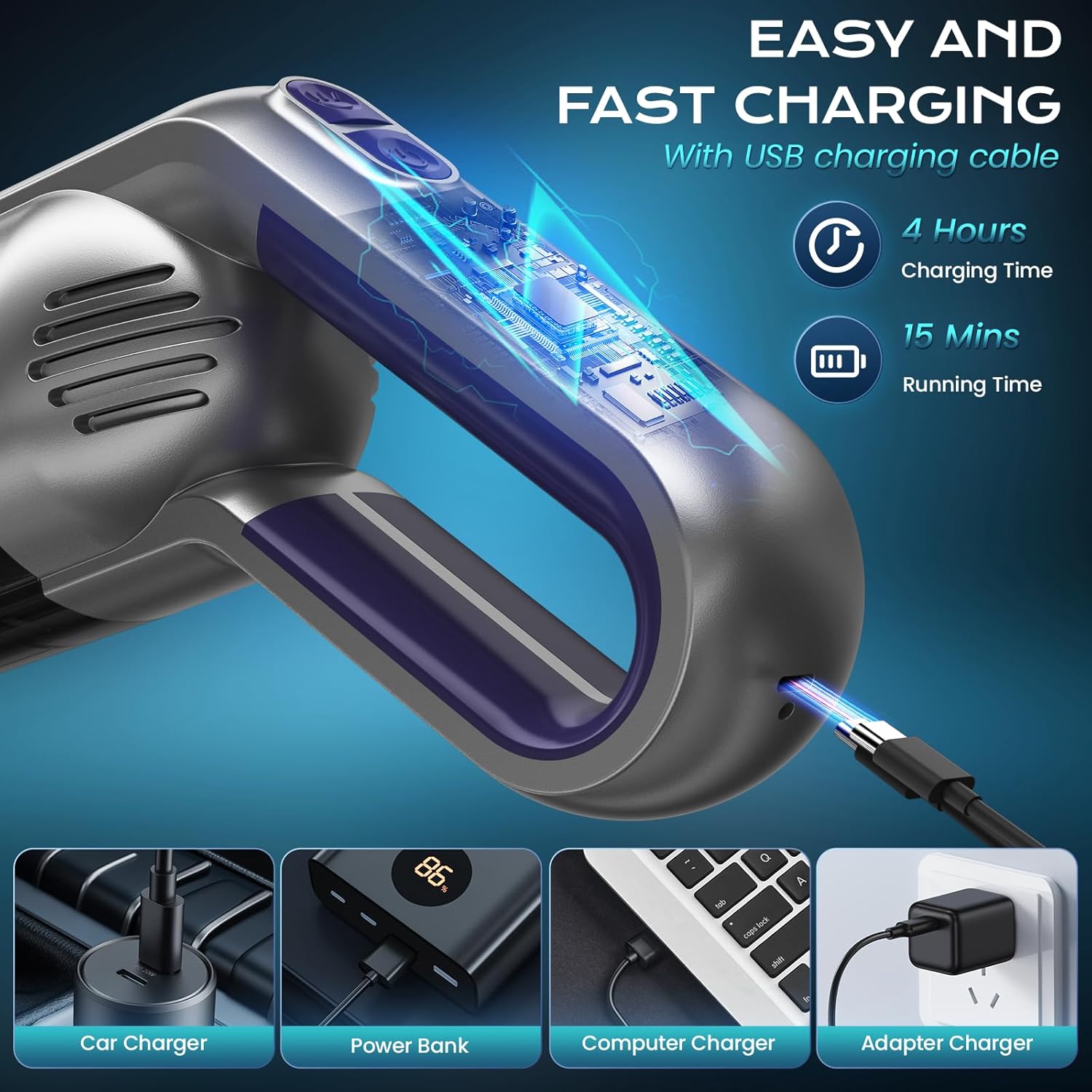 Cordless Handheld Vacuum, Portable Car Vacuum with LED Light,Rechargeable Small Vacuum Cleaner with Powerful Suction,Lightweight Vacuum Cleaner for Car Home Office Pet Hair,Grey
