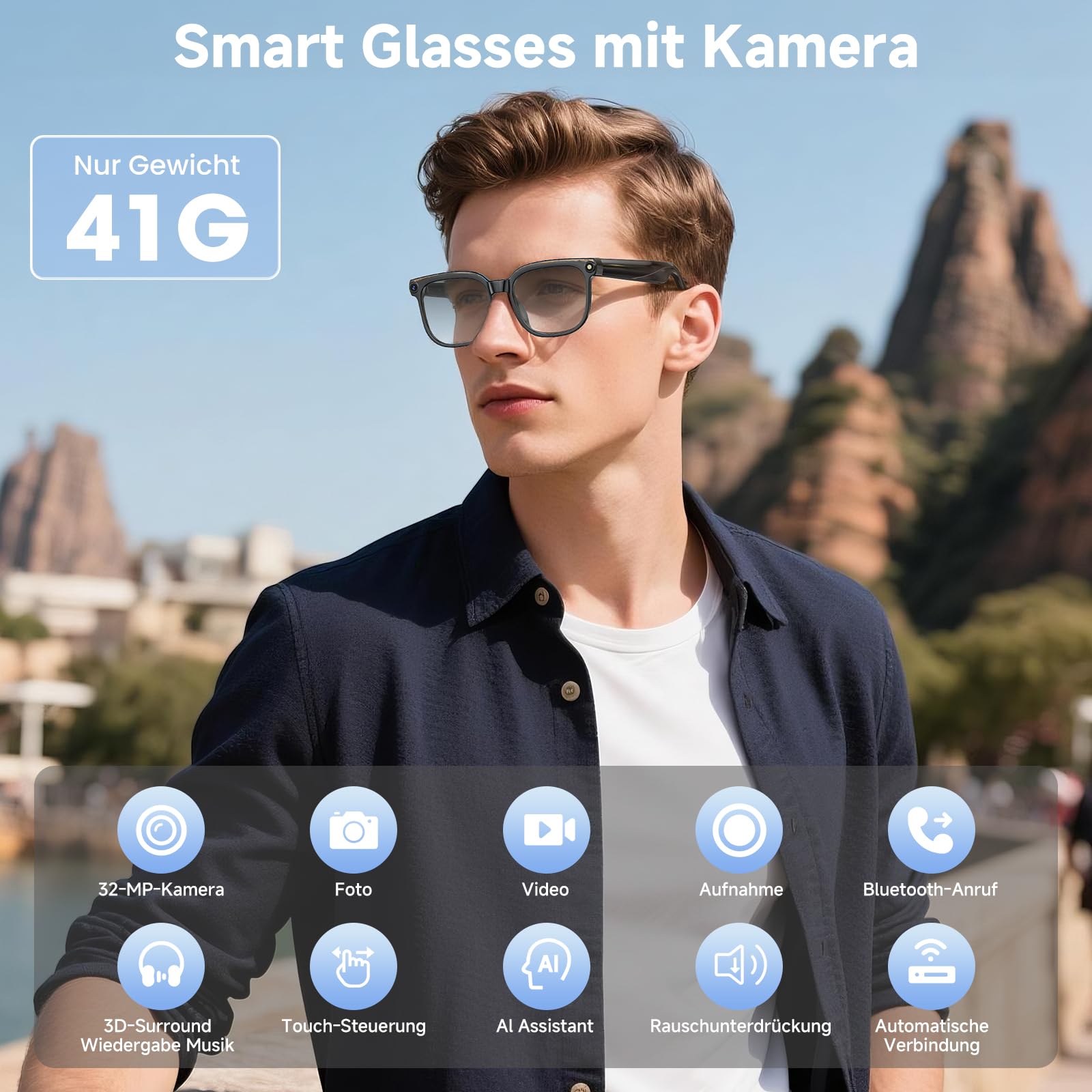 AI Smart Glasses, Brille mit 800 W Kamera, 2 Paare Brillengläser, 1080P HD Video und Audiorecording mit Bildstabilisierung, /Bluetooth-Anrufe/AI-Assistent/Echtzeitübersetzung