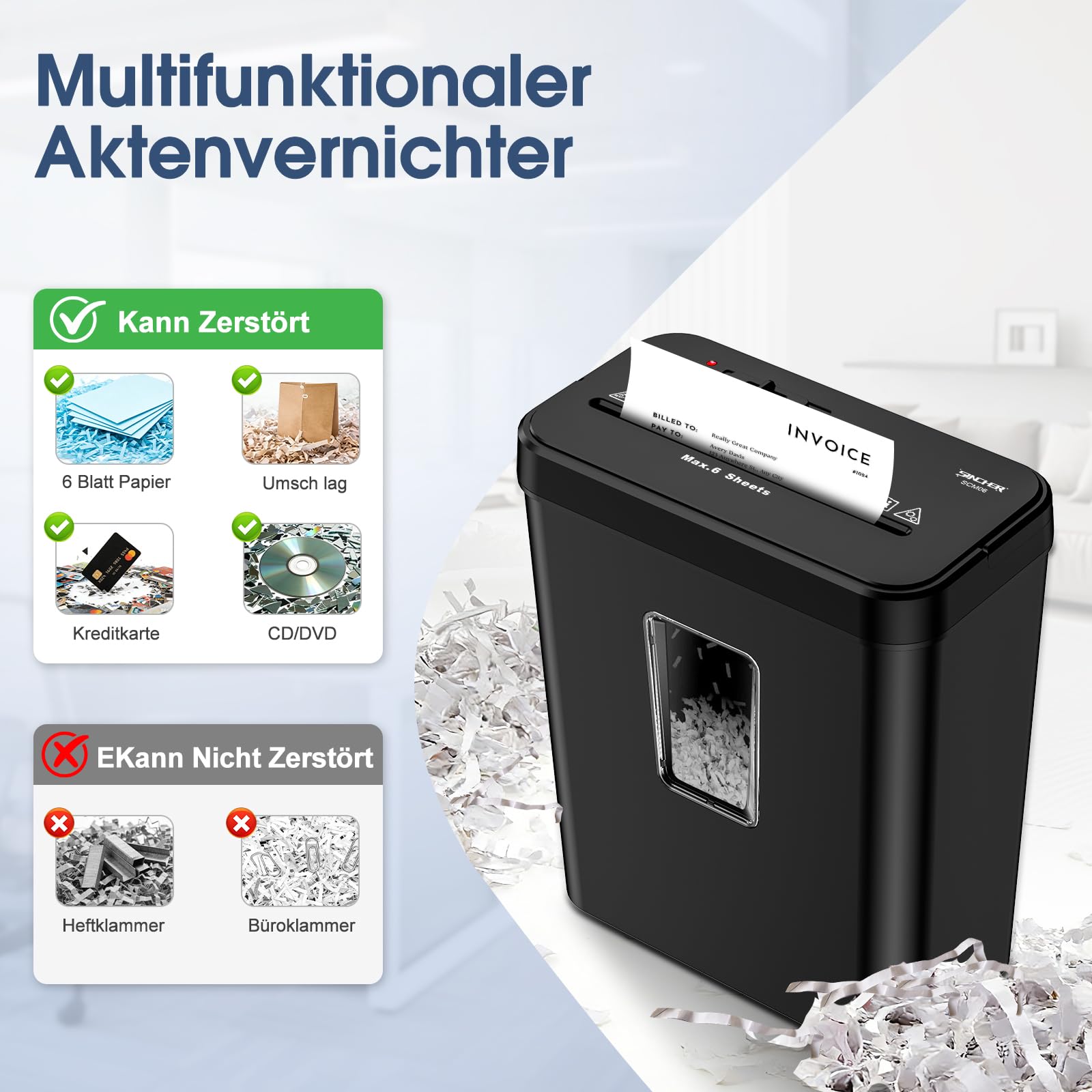 Aktenvernichter, 6-Blatt Kreuzschnitt Papierschredder mit P-4 Geheimhaltungsstufe, 13L Papierkorb mit Sichtfenster und Tragegriff, zerkleinert Kreditkarte, Überhitzungsschutz für Home Office(Schwarz)