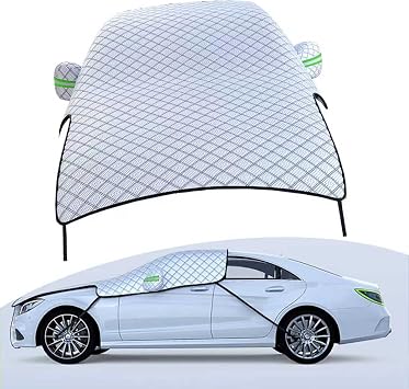 Car Half Cover Sunshade, Foldable Snowproof Windshield Hood Cover, All Weather Automotive Body Protector, Universal for Cars Silver