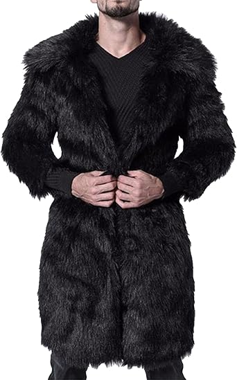 Faux Fur Coat for Men Winter Fluffy Coat Long Parka Overcoat Lapel Open Front Warm Fuzzy Shearling Trench Coat