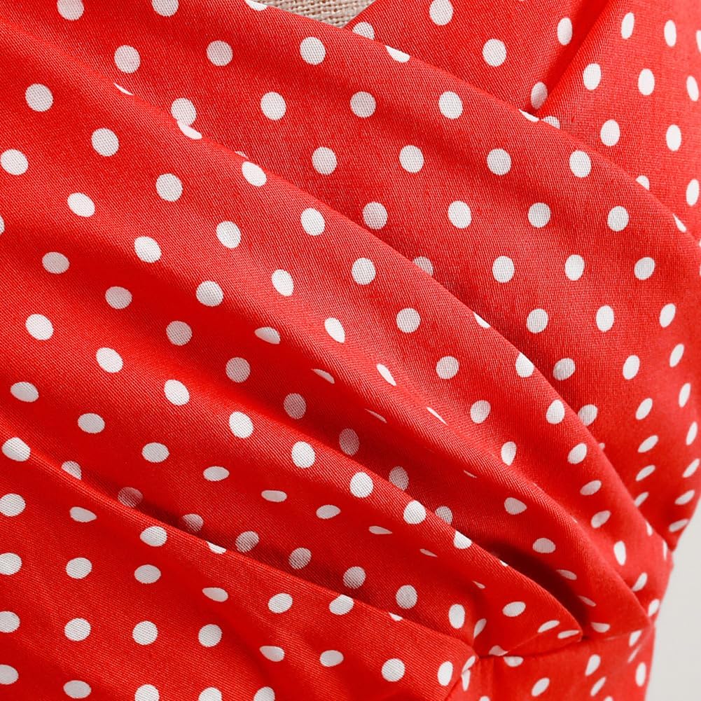 IWEMEK 1950s Dress for Women Pinup 50s Red Polka Dot 1940s Rockabilly Halter Bowknot 50's Dresses Vintage Audrey Hepburn with Pockets Red-Ruched L - Image 4