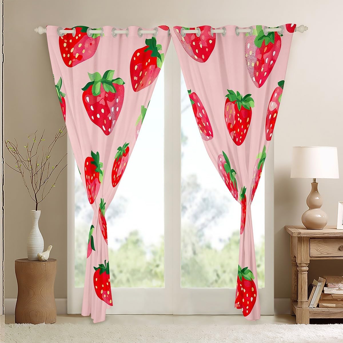 Strawberry Curtain Sweet Girl Window Curtains Kawaii Room Decor Strawberry Printed Window Drapes Cute Tropical Fruit Pink Lightweight Window Treatments for Kids Teens Girls Boys 42"x63",2 Panels