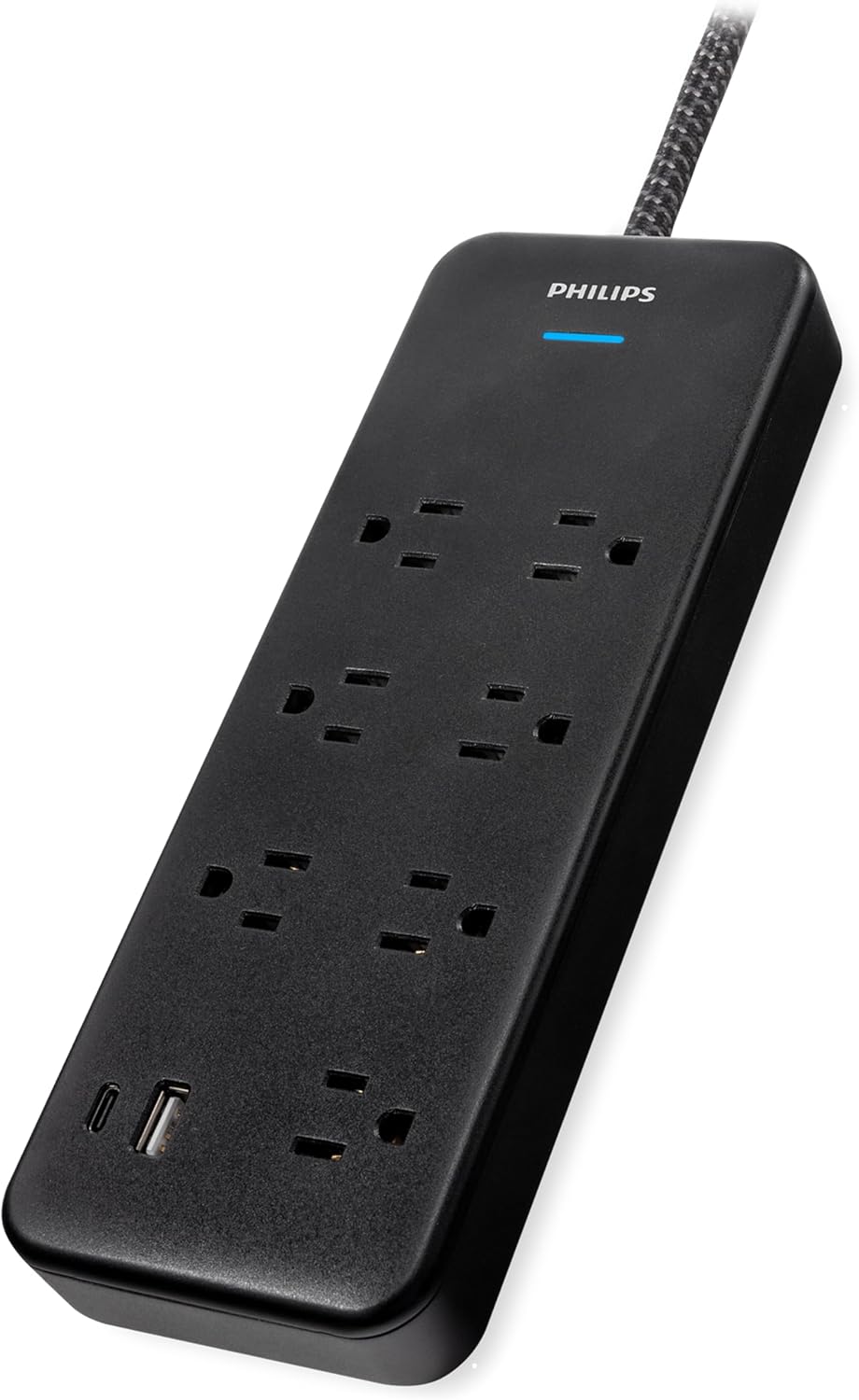 Philips 7-Outlet Adapter Spaced Surge Protector, 4ft Braided Cord, Power Strip with USB Charging, for Home School and Office, 1USB-A, 1USB-C, 1500J, Black, SPP9643B/37