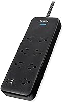 Vista 2 de Philips 7-Outlet Adapter Spaced Surge Protector, 4ft Braided Cord, Power Strip with USB Charging, for Home School and Office, 1USB-A, 1USB-C, 1500J